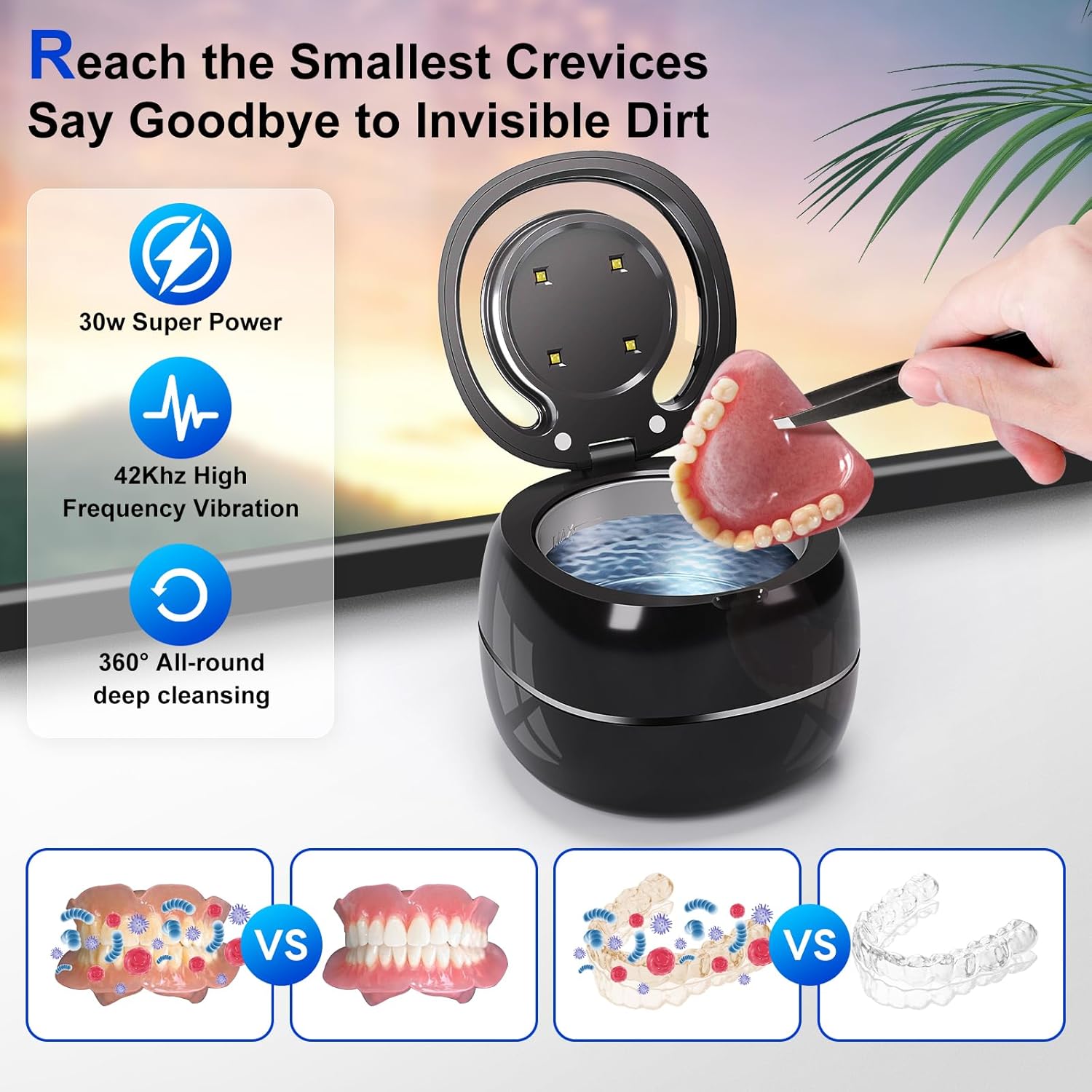 Ultrasonic Retainer Cleaner, Professional Retainer Cleaner Machine with Digital Timer, 180ML Portable Ultrasonic Jewelry Retainer Cleaner for Dentures, Aligner, Braces, Mouth Guard(Black-02)