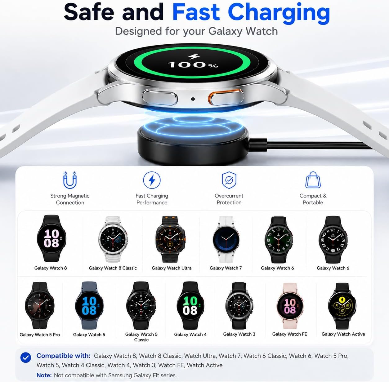 2 Pack Compatible with Samsung Watch Charger,3.3FT USB-C Magnetic Charging Cable for Galaxy Watch 8/8 Classic/Ultra/7/6/6 Classic/5/5 Pro/4/4 Classic/3/Active 2/Active/FE Replacement Charging Dock