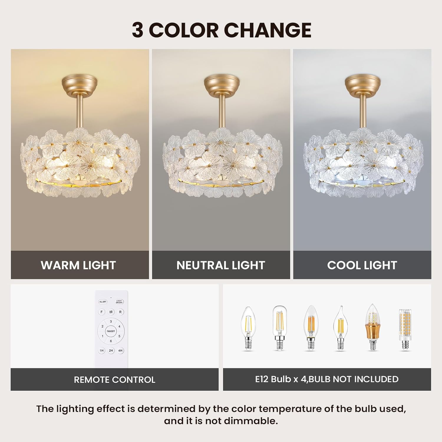 NOXARTE 20" Gold Crystal Fandelier Ceiling Fans with Lights, Gold Flower Chandelier Ceiling Fan with Light and Remote, Multi-Tier Caged Ceiling Fan with 6 Speeds for Living Room, Bedroom, Nursery