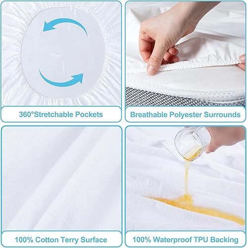 Miniatura 3 de Protector de colchón impermeable para colchón de algodón de rizo de algodón, se adapta a hasta 14 pulgadas de profundidad, funda de colchón de cama