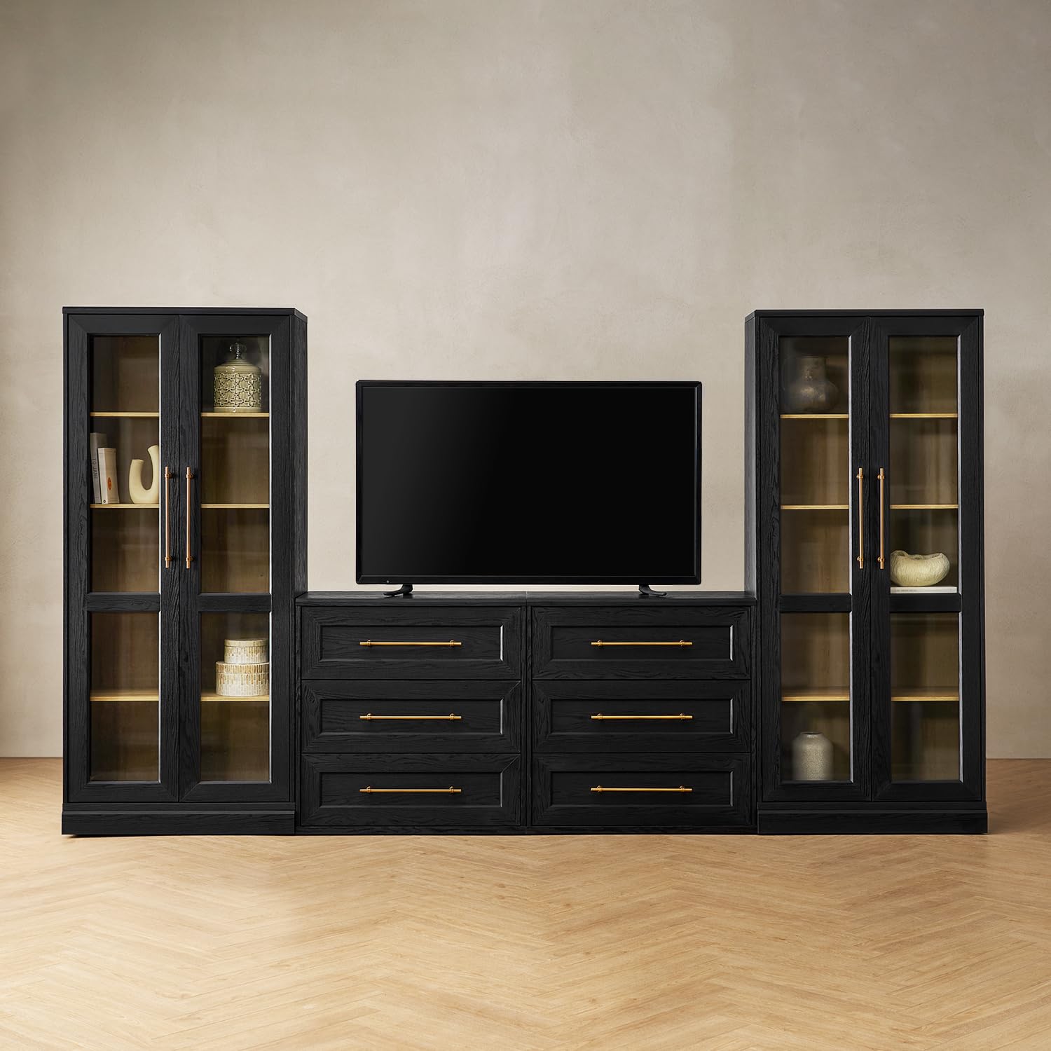 Mopio Blake 4 Piece Entertainment Center with Storage, Modern Farmhouse Wall Unit Dresser TV Stand with Tall Display Cabinets for up to 65" TVs,