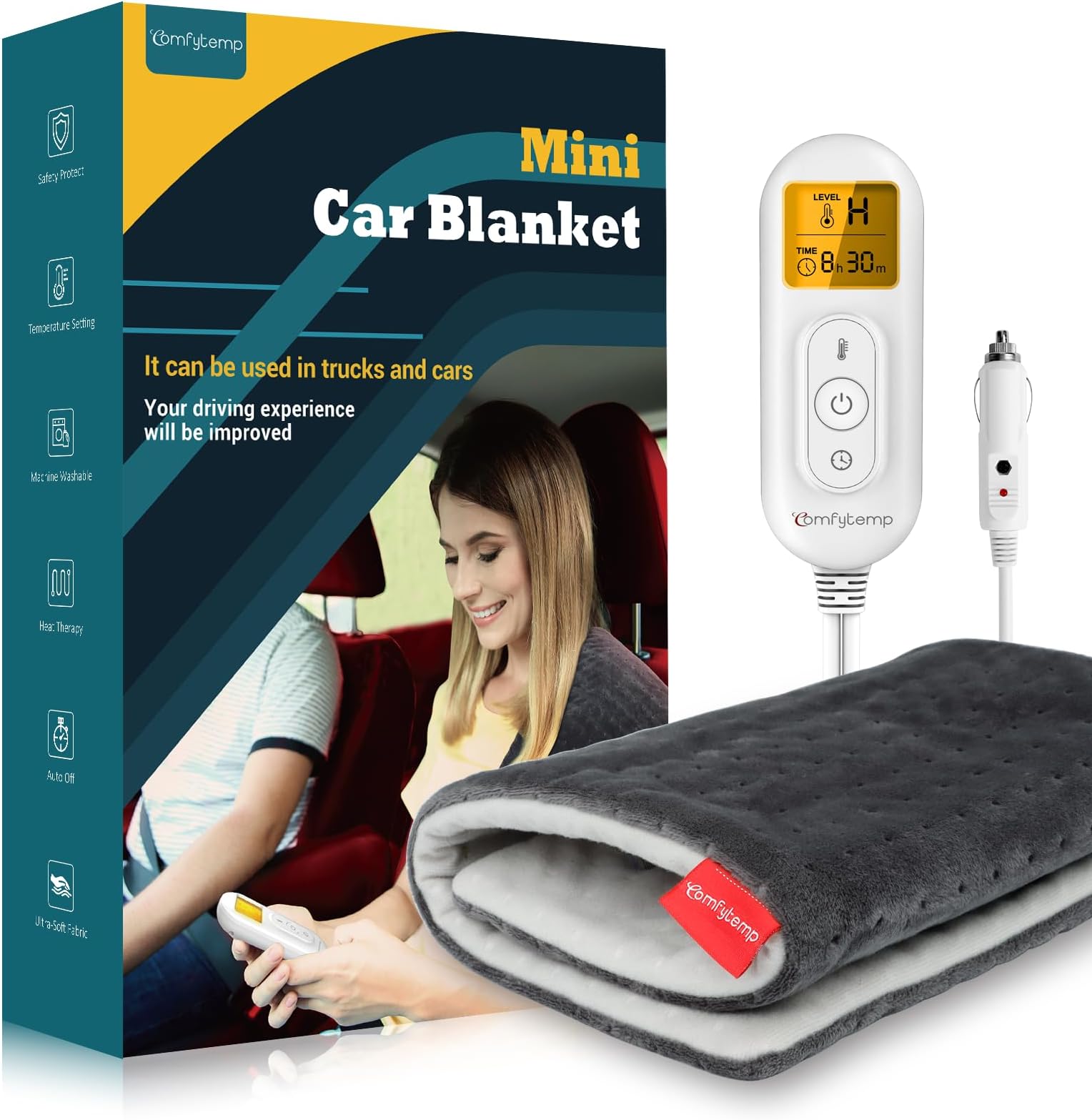 12V/24V Car Electric Blanket for Back Pain Relief, Travel Blanket with 6 Heat Setting, 5 Auto-Off, Portable Mini Blanket for Back Pain, Shoulders and Cramps Relief, 12x 24 Washable