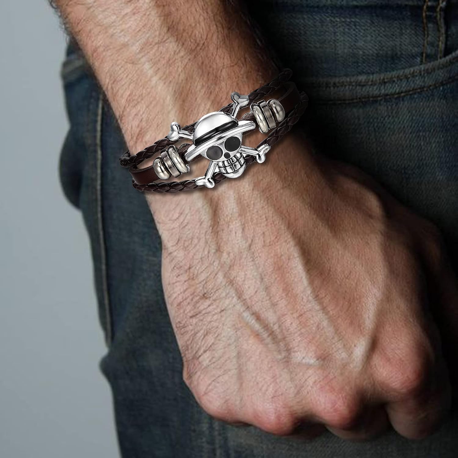 Flyonce Leather Cuff Bracelet with Skull Head Punk Rock n Roll Unisex Handmade Braided Leather Bracelet for Men Women