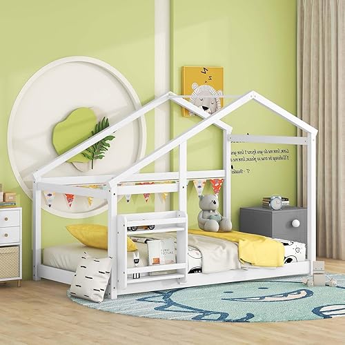 Miniatura 8 de Montessori - Cama individual en forma de casa, base de cama individual de madera con techo y estante para niños y niñas, soporte de listones de