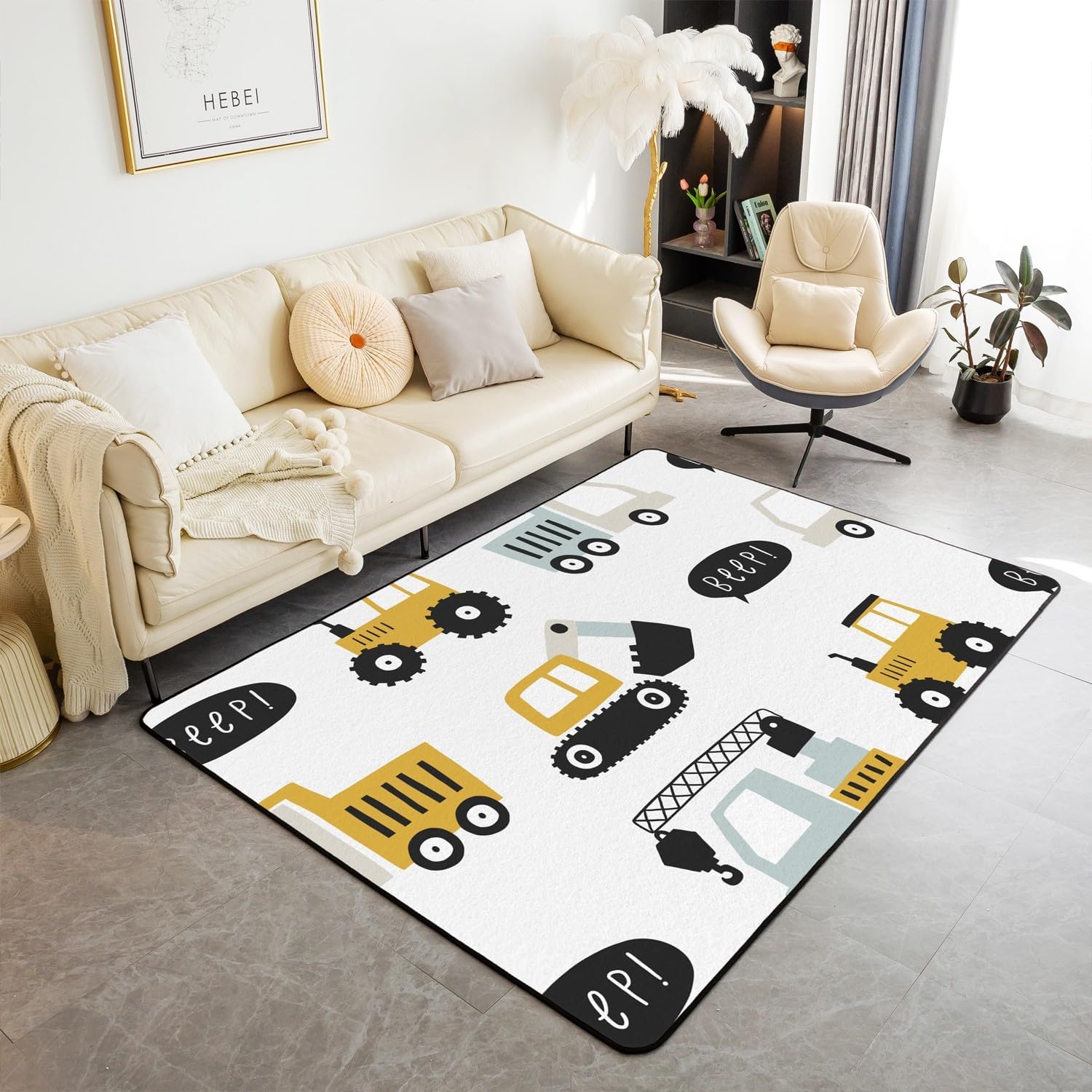 Kids Construction Living Room Rugs 3x5,Cartoon Excavator Tractor Print Area Rugs,Cute Equipment Crane Truck Carpet for Boys Girls Youth Bedroom Decor,White Yellow Indoor Floor Mat Non Shedding