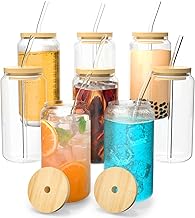 FINEW [8er Set] Trinkbecher Mit Deckel und Strohhalm Glas, 8er Cocktailgläser Set, 16oz/450ml Eiskaffee Gläser, Longdrinkglas mit 2 Reinigungsbürsten für Bubble Tea, Whiskey, Cocktail, Biergläser