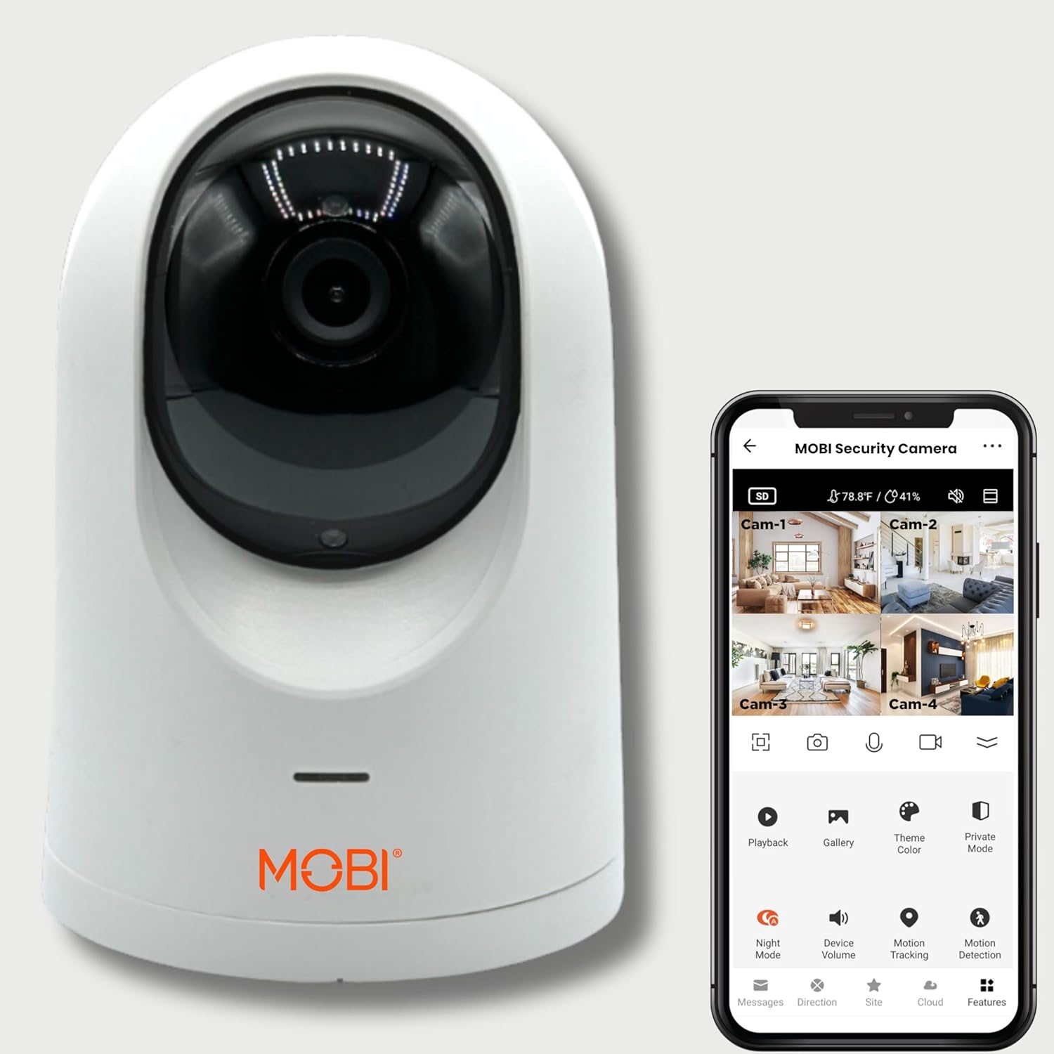 MobiCam PRO Home Monitoring Camera Single: Full HD, Pan & Tilt, Color Night Vision, Motion Tracking, Temp & Humidity Readings. Supports Cloud & SD Storage, Smart App Compatible