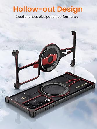 for RedMagic 11 Air Metal Case, Premium Aluminum Cool Metal Frameless Design Bumper case 360Rotating Stand Compatible Magnetic Attachment Design Heat Dissipation (Black/Red)