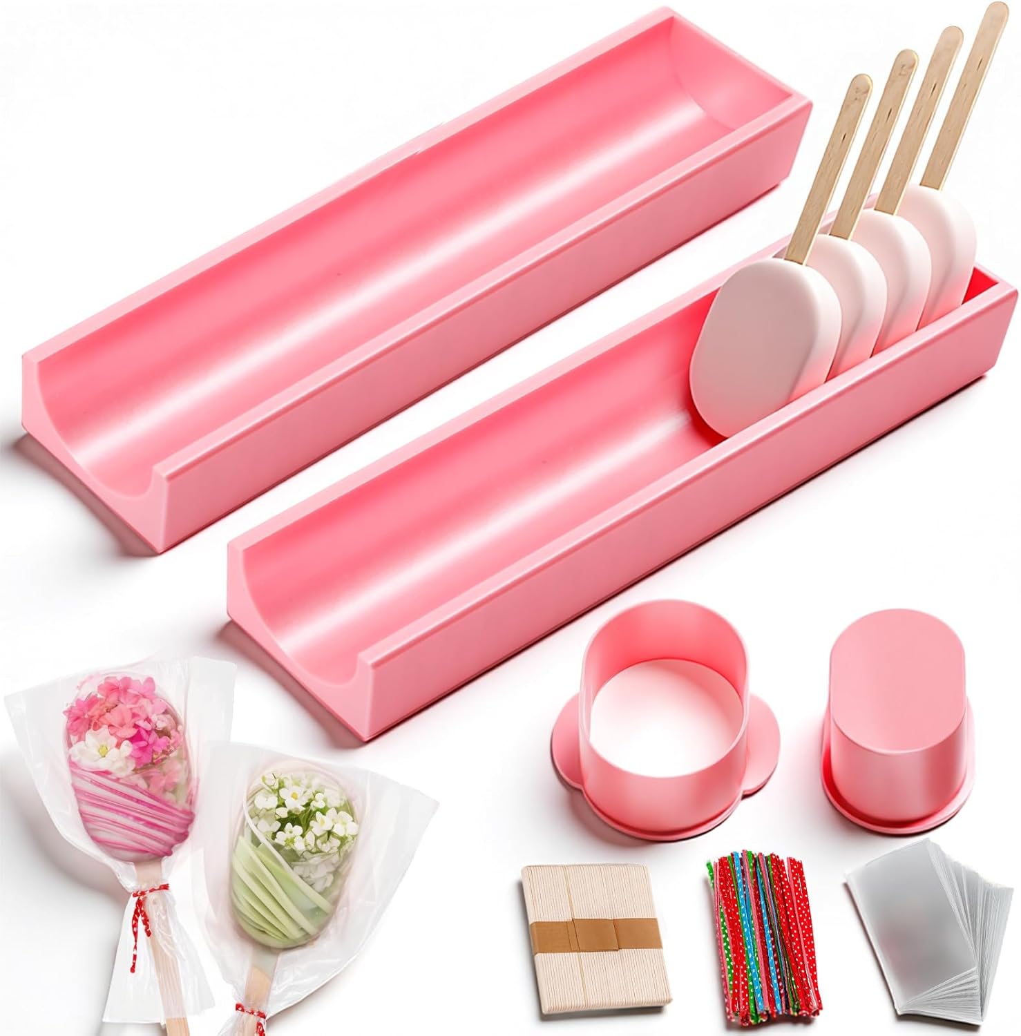 Cakesicle Cutter, Cakesicle Mold Set with 2 Tray (9in), Cake Pop Mold with 200 Sticks, 200 Bags and 200 Ribbons, Baking Tools for Christmas Home Birthday Party Wedding Desserts