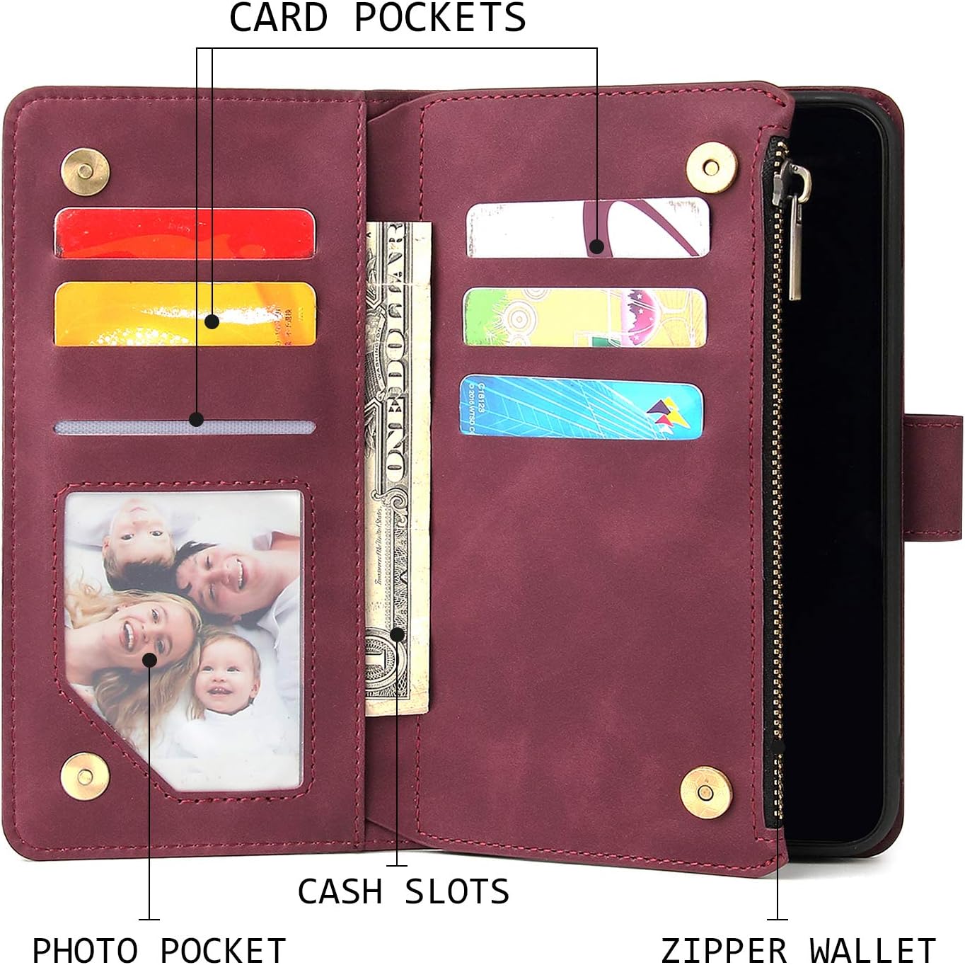 UEEBAI Wallet Case for iPhone 7 Plus/iPhone 8 Plus, PU Leather Case Magnetic Closure Handbag Zipper Pocket Case Kickstand Card Slots with Hand Strap Marple Flip Case for Women - Wine Red - Image 2