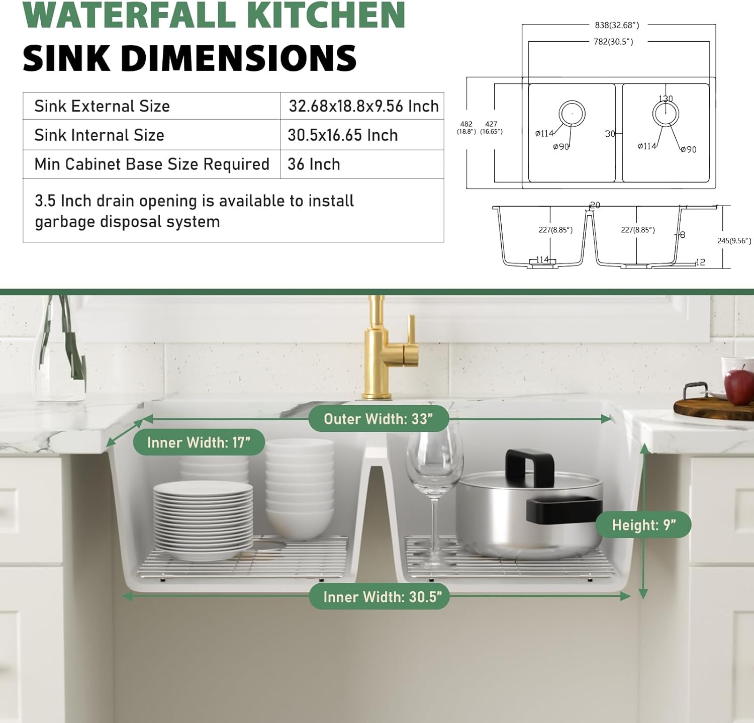 33 Granite Composite Kitchen Sink - Couoko 33x19 Inch White Undermount Granite Kitchen Sink White Quartz Sink Under Counter 50/50 Double Bowl Sink Basin