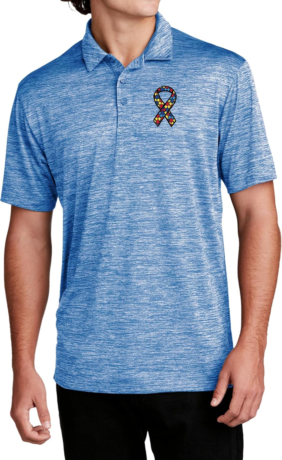 Autism Ribbon Chest Print Electric Heather Polo Shirt