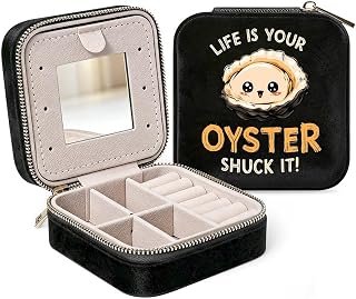 Funny Oyster Travel Jewelry Box with Mirror Black-style | Necklace Earring Ring Organizer for Women