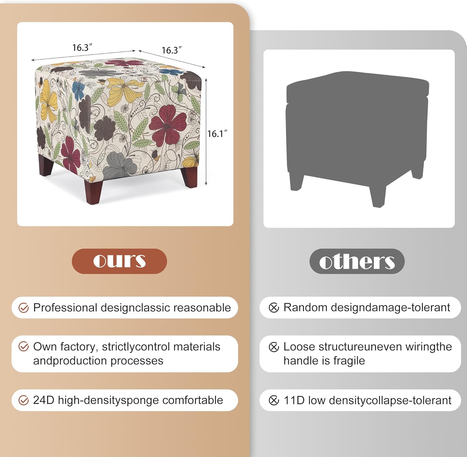 Adeco Floral Printed Linen Ottoman, 16.3" Upholstered Cube Foot Stool with Wood Legs, Small Accent Footrest for Living Room, Bedroom Vanity, and Under Desk - Burnt Orange & Blue