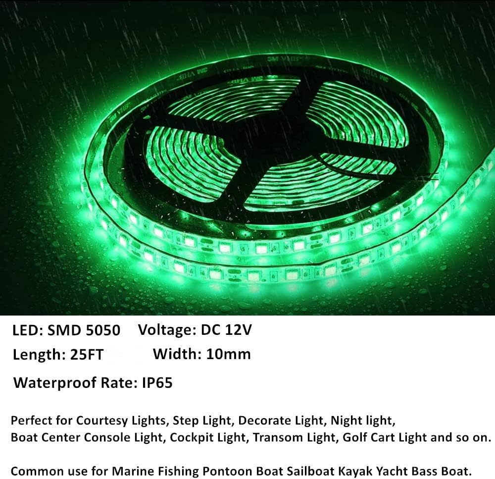 25FT LED Boat Lights, Waterproof Marine Pontoon Led Strip Lights, Boat Deck Interior Light, Boats Accessories, Under Gunnel Lighting, Night Fishing Light for Pontoon Fishing Boats (Green)