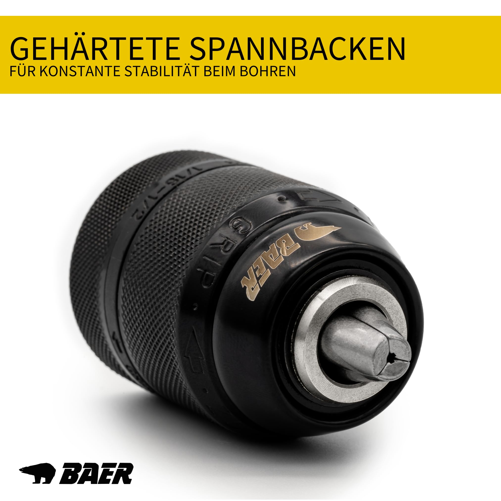 BAER Schnellspannbohrfutter 1,5–13 mm | 1/2-20 UNF | Schlüsselloses Ganzmetall Bohrfutter für Handbohrmaschine, Akku-Bohrmaschine & Bohrhammer | Selbstspannendes Präzisions-Spannfutter BaerCoil