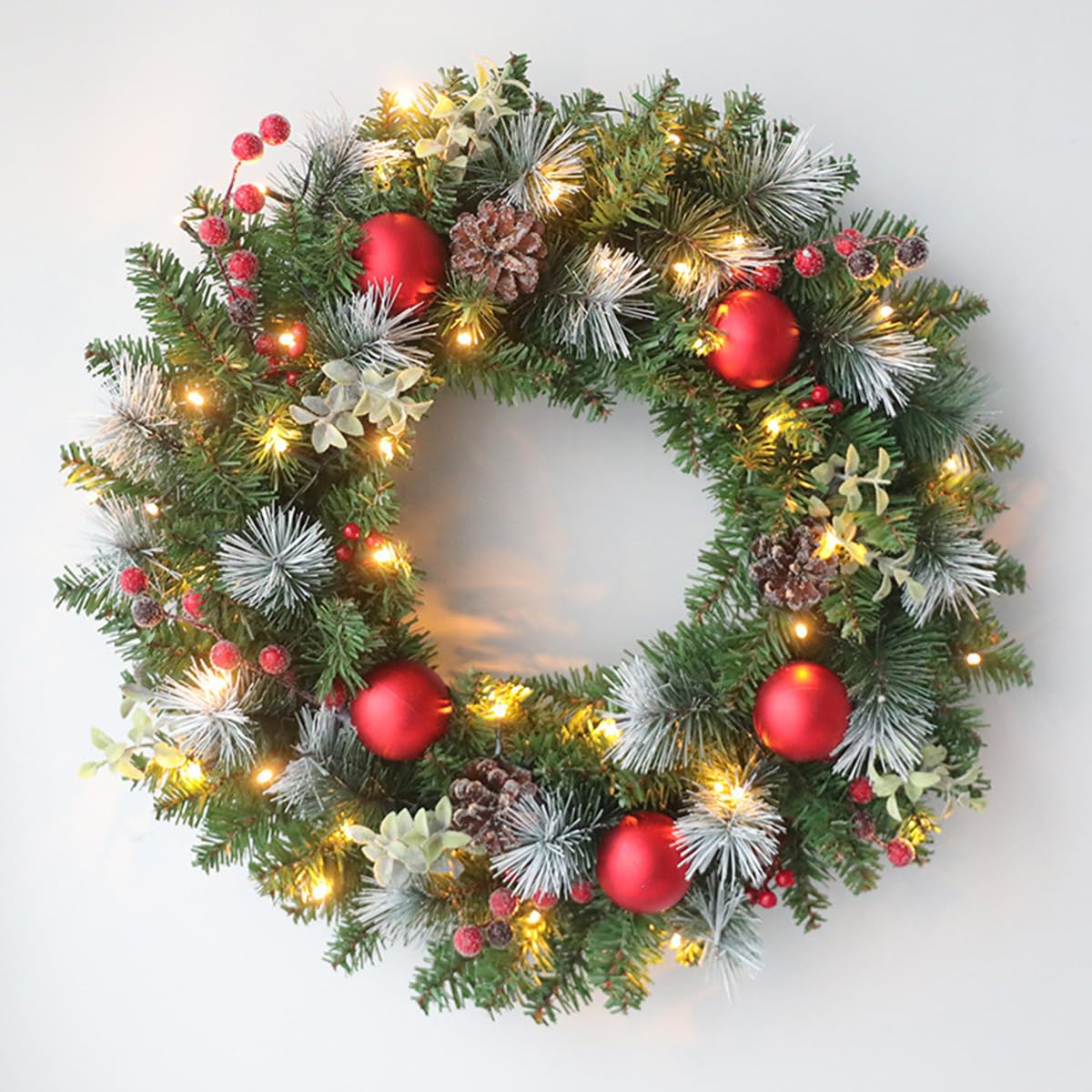 JOYWU Christmas Wreath with LED Lights,40cm Snow Flocked Artificial Xmas Wreath with Pine Cones,Red Berry,Bows and Baubles,Battery Powered Lighted Xmas Door Wreath,Christmas Decoration (40cm-C)