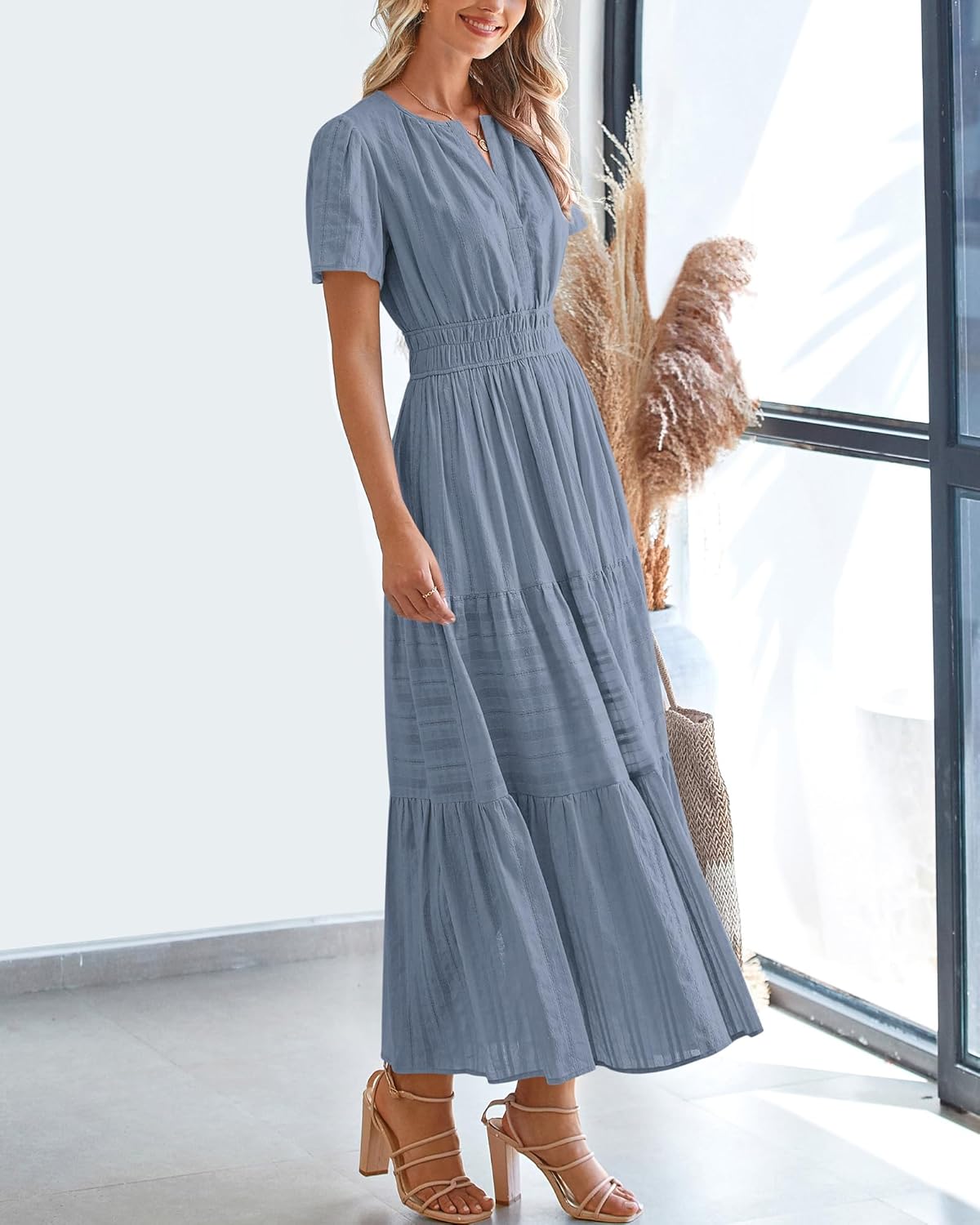 BTFBM Womens Summer 2026 Casual Midi Maxi Dresses Lightweight Short Sleeve V Neck Elastic Waist Boho Beach Dress Pockets - Image 7