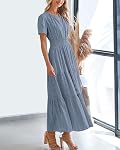 BTFBM Summer Dress for Women 2026 Maxi Dress Lightweight Short Sleeve V Neck Elastic Waist Boho Beach Spring Dresses