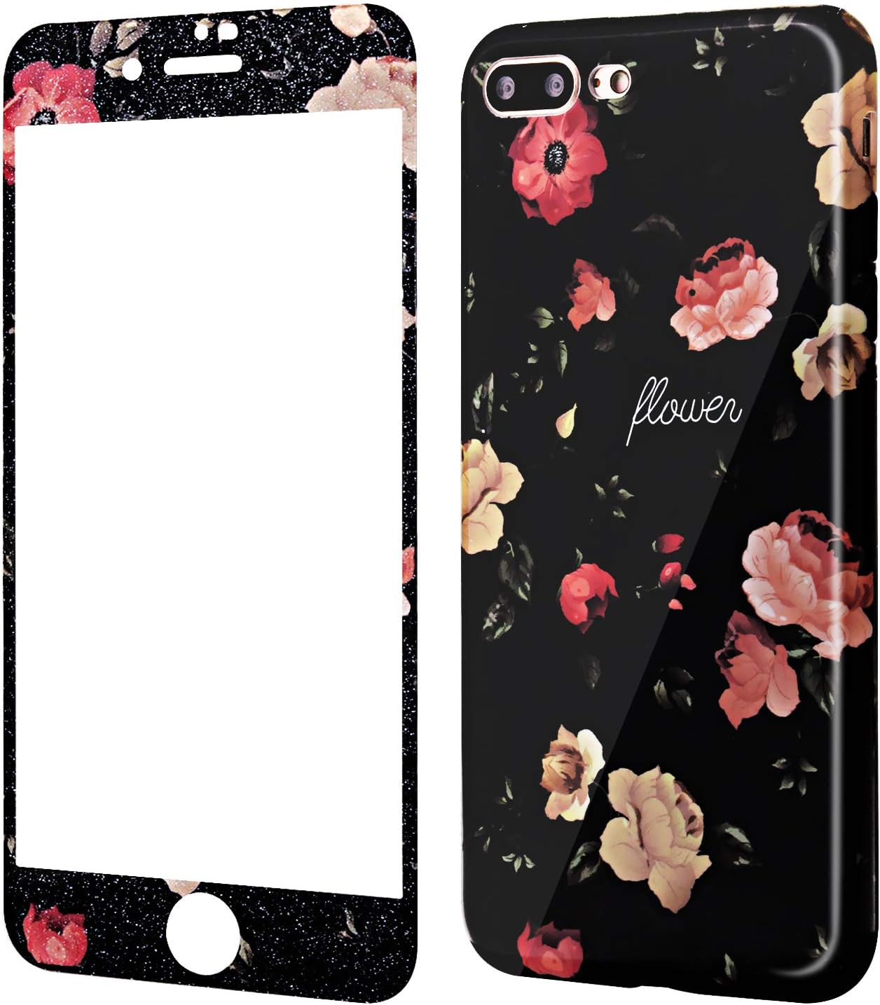 iPhone 8 Plus Case with Screen Protector, iPhone 7 Plus Case Floral, Wafly Silicone TPU Protective Cover with [9H Tempered Glass Screen Protector] Flower Pattern Bumper Case 5,5''-Camellia