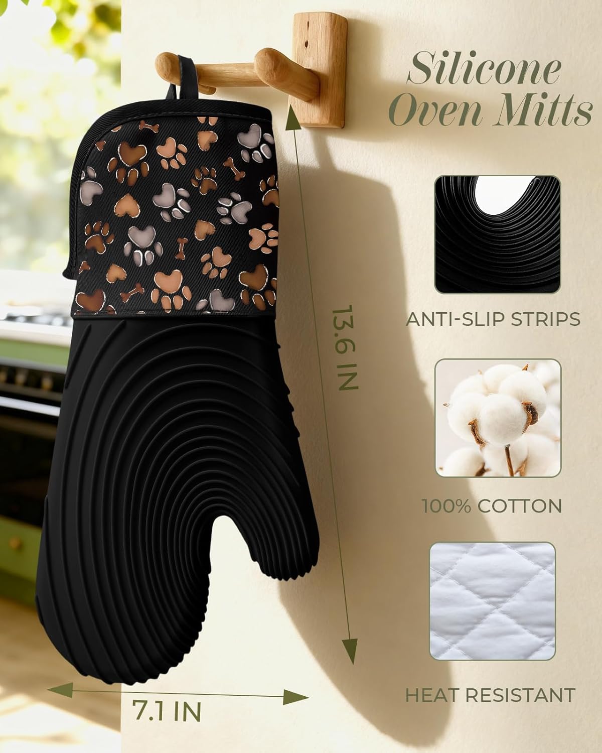 Slohif Long Silicone Oven Mitts Heat Resistant for Women - 2 Pcs Dog Paw 100% Cotton Oven Gloves, Non-Slip and Waterproof Silicone Oven Mitts with Hanger for Baking and Cooking - Image 2
