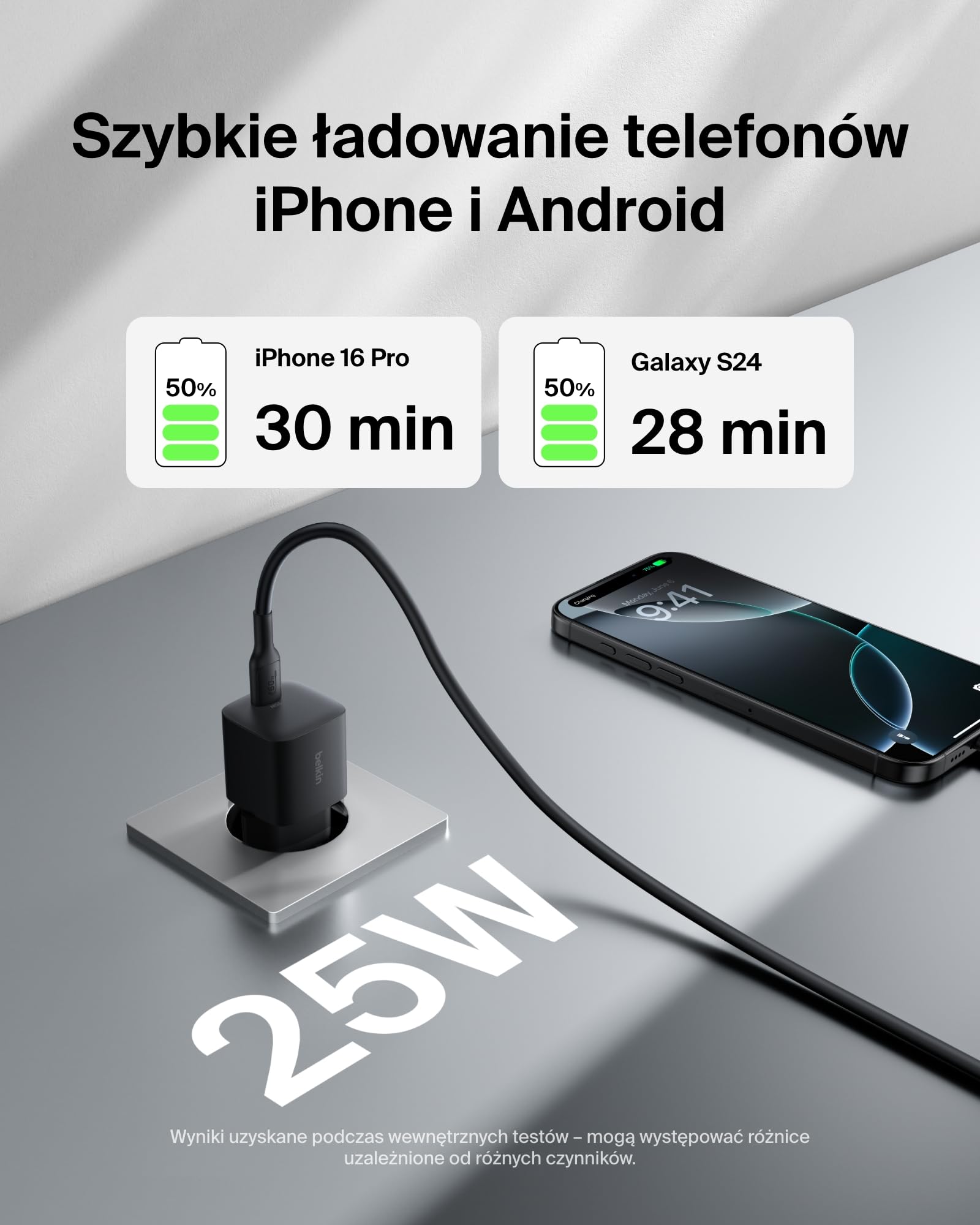 Belkin ładowarka sieciowa USB-C 25 W z kablem USB-C 60 W (1 m) – szybkie ładowanie PD 3.0 z PPS dla urządzeń Apple iPhone serii 16, iPad Pro, Samsung Galaxy S25, Nintendo Switch – czarna