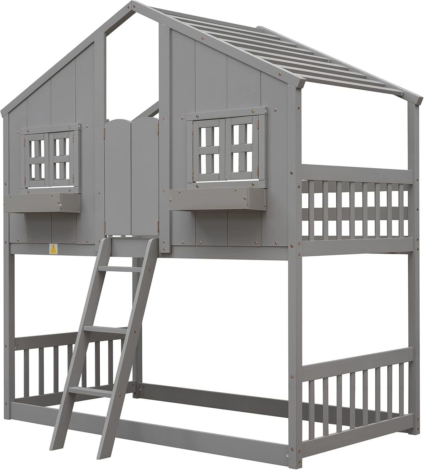House Bunk Beds Twin Over Twin Bunk Bed Frame with Ladder, Kids Playhouse Bunk Bed with Roof, Window, Door, Floor Bunked Frame for Boys Girls Teens, Gray