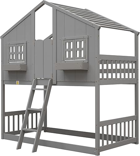 Miniatura 5 de NCKMYB Litera para niños con aspecto en forma de casa litera de tamaño individual con techo y 2 ventanas literas de madera maciza para niños niñas