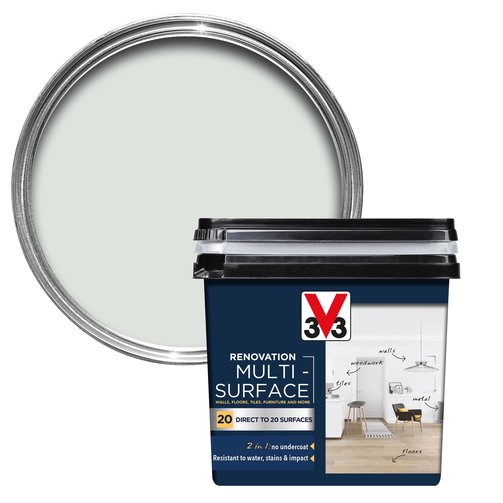 V33 Renovation Multi-Surface Paint - No Undercoat Needed - Over 20 Surfaces - Resistance To Water Stains & Impact - High Coverage - Porcelain Grey 750ml