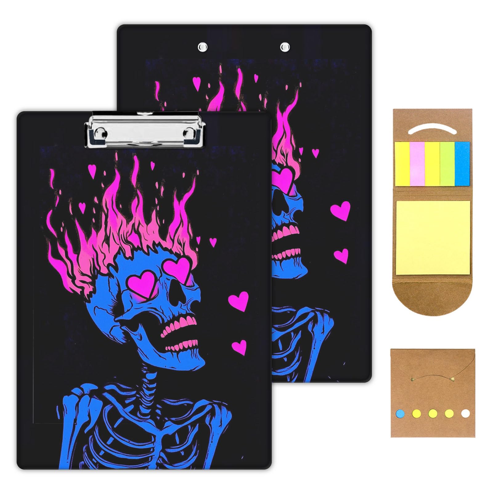 KUJKBFWJ Acrylic Clipboards with Sticky Note, A4 Letter Size Durable Cute Clip Board 9x12.5, for Students, Nursing, School and Office, with Low Profile Clip & Hanging Loop, Skeleton Love — image 1