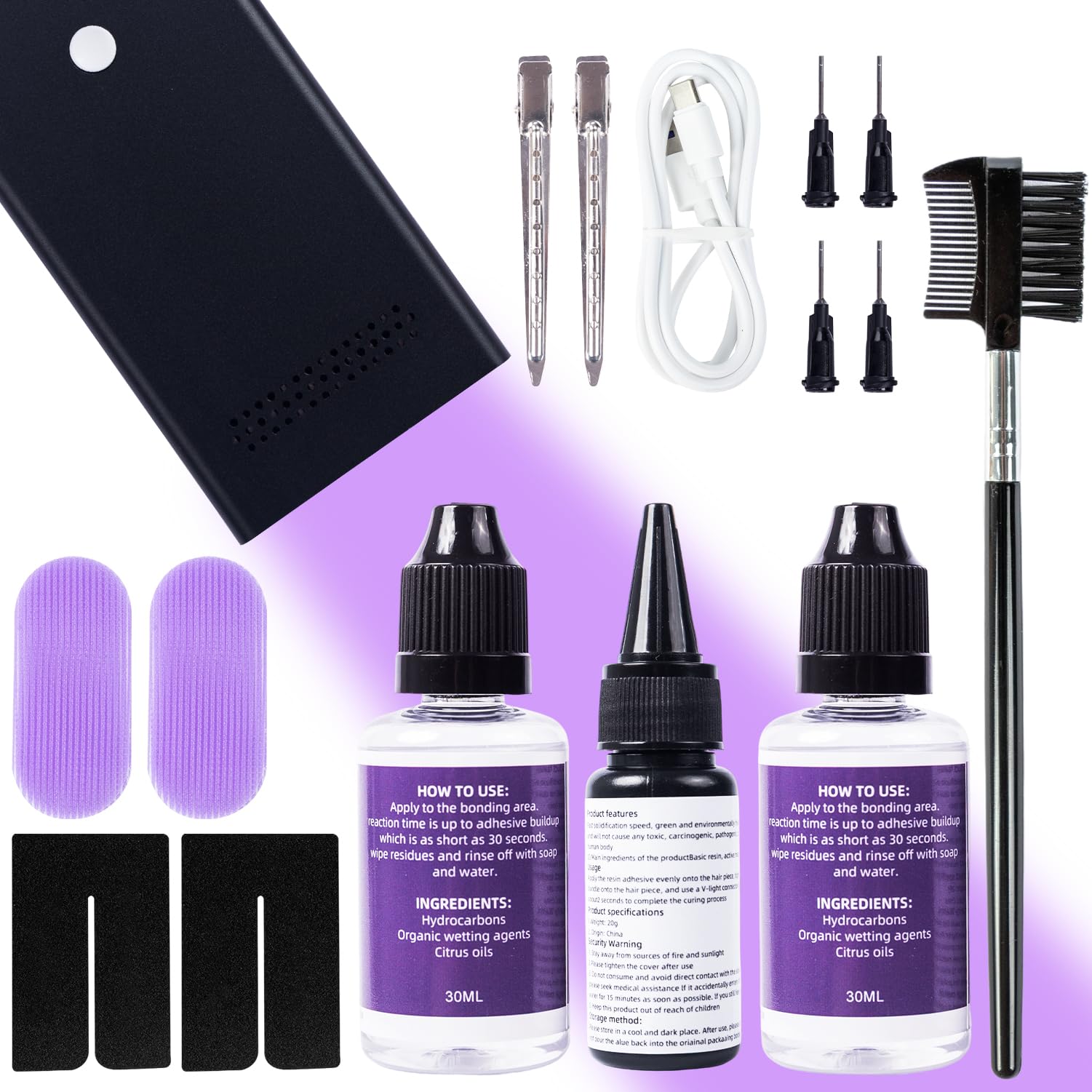 Photo 1 of UV Light Hair Extensions Kit, UV-Light Machine*1 UV lamp Hair Extensions Glue*1 Glue Remover *2 Hair Shield * 2 (Black Machine Set)