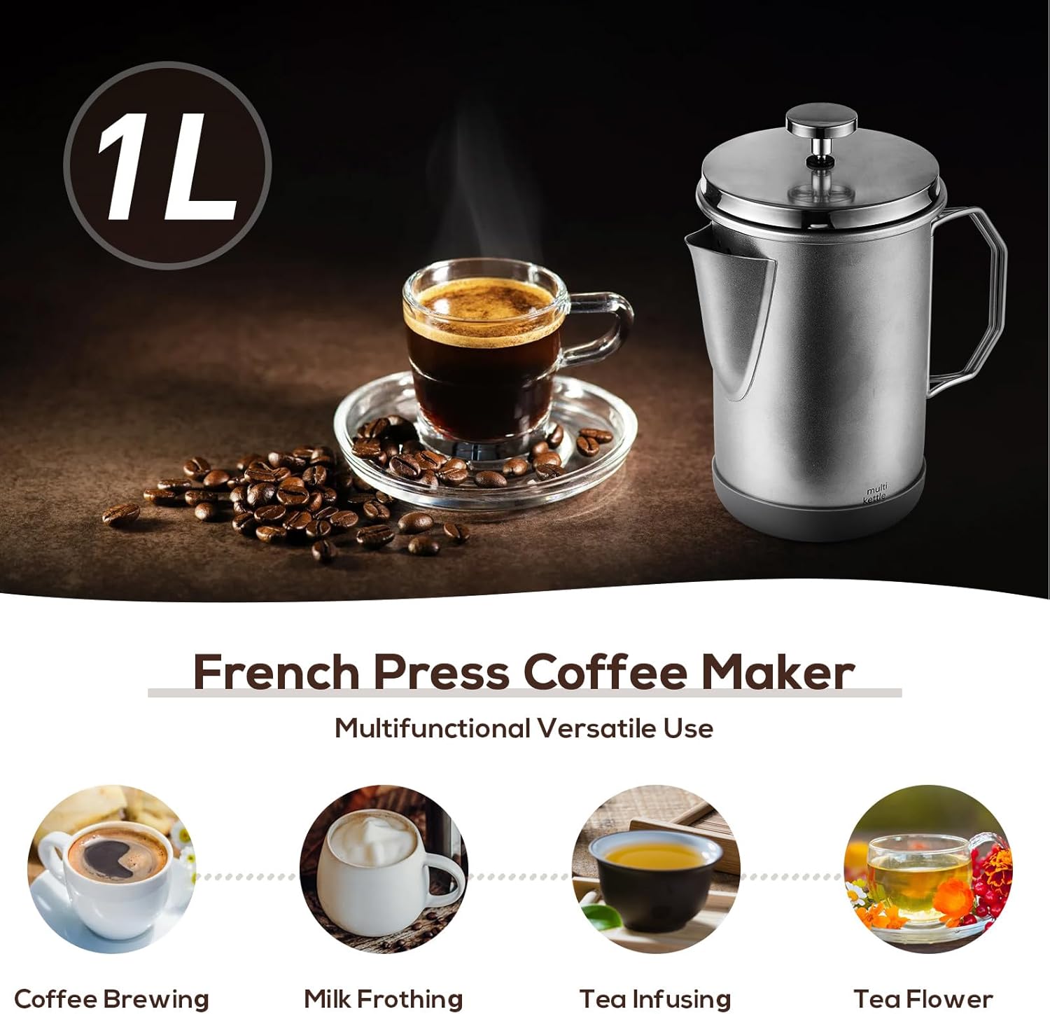 French Press Coffee Maker 1L, 304 Stainless Steel, Electrolytic Sandblasting, Silicone Base, Foldable Handle, Ideal for Outdoor Camping Home (Silver)