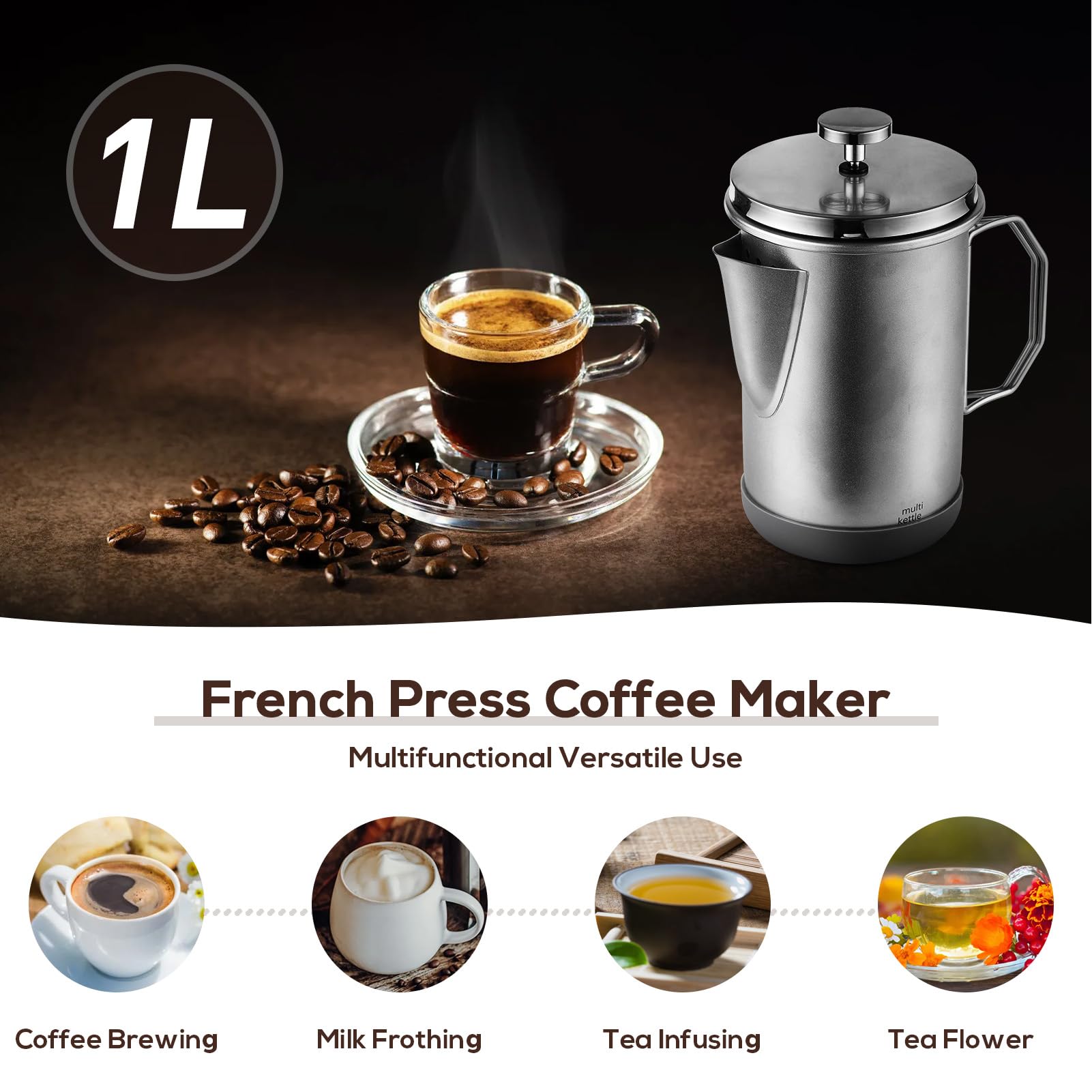 Cafetera de prensa francesa de 1 litro, prensa francesa con mango plegable, acero inoxidable, cafetera de prensa francesa