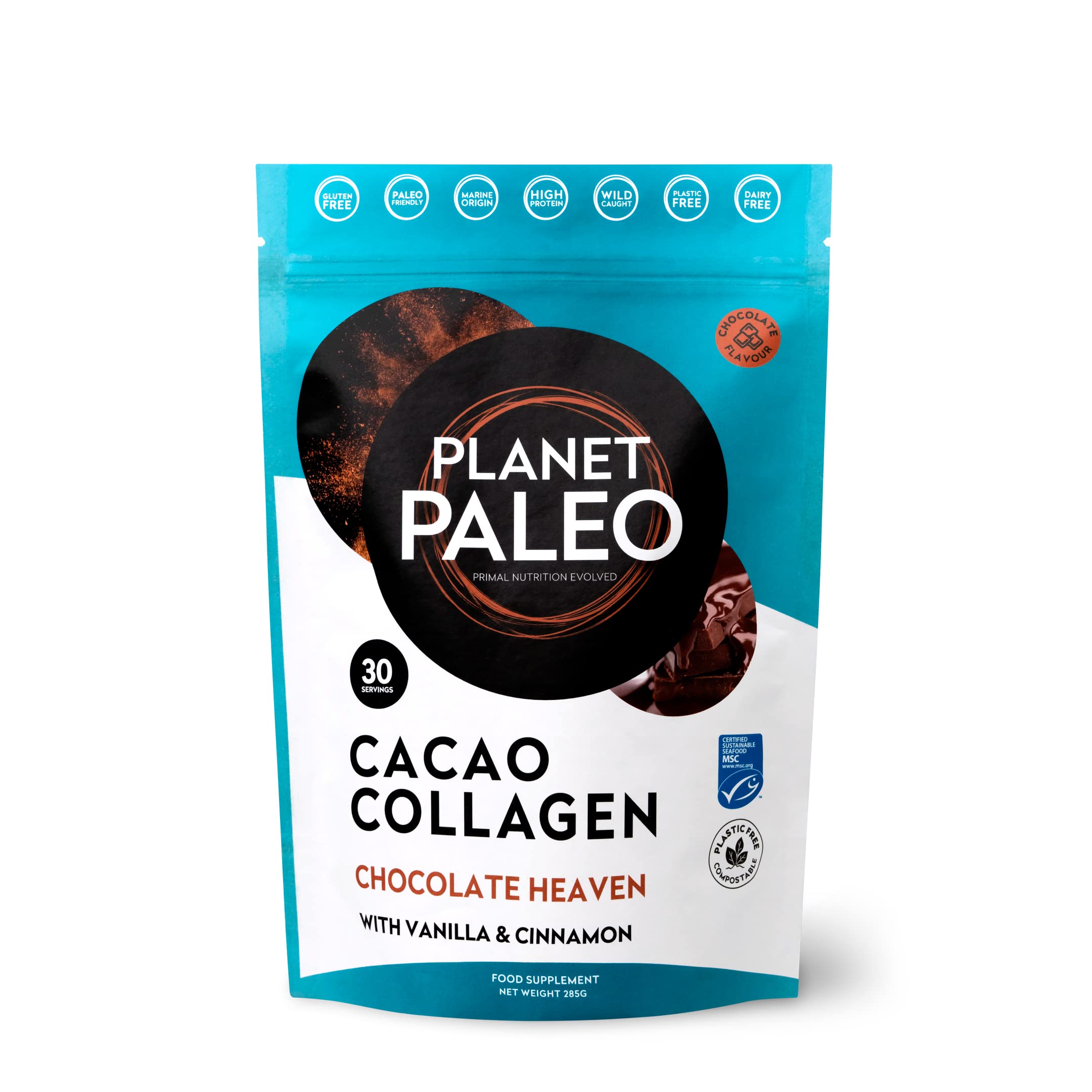 Marine Collagen with Cacao (285g, 30 Servings) - MSC Certified, Wild Caught Marine Collagen | Type 1 Collagen, Protein-Rich, for Healthy Skin, Hair and Nails, Tissue Repair