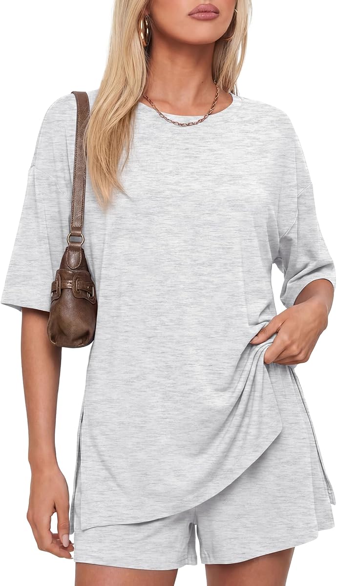 Conjunto de 2 piezas de ropa corta de verano para mujer de Darong a juego con bolsillo | Ropa de salón, atuendo de viaje de vacaciones, ropa de resort para el aeropuerto, ropa de ocio, top extragrande y pantalones cortos holgados con cordón