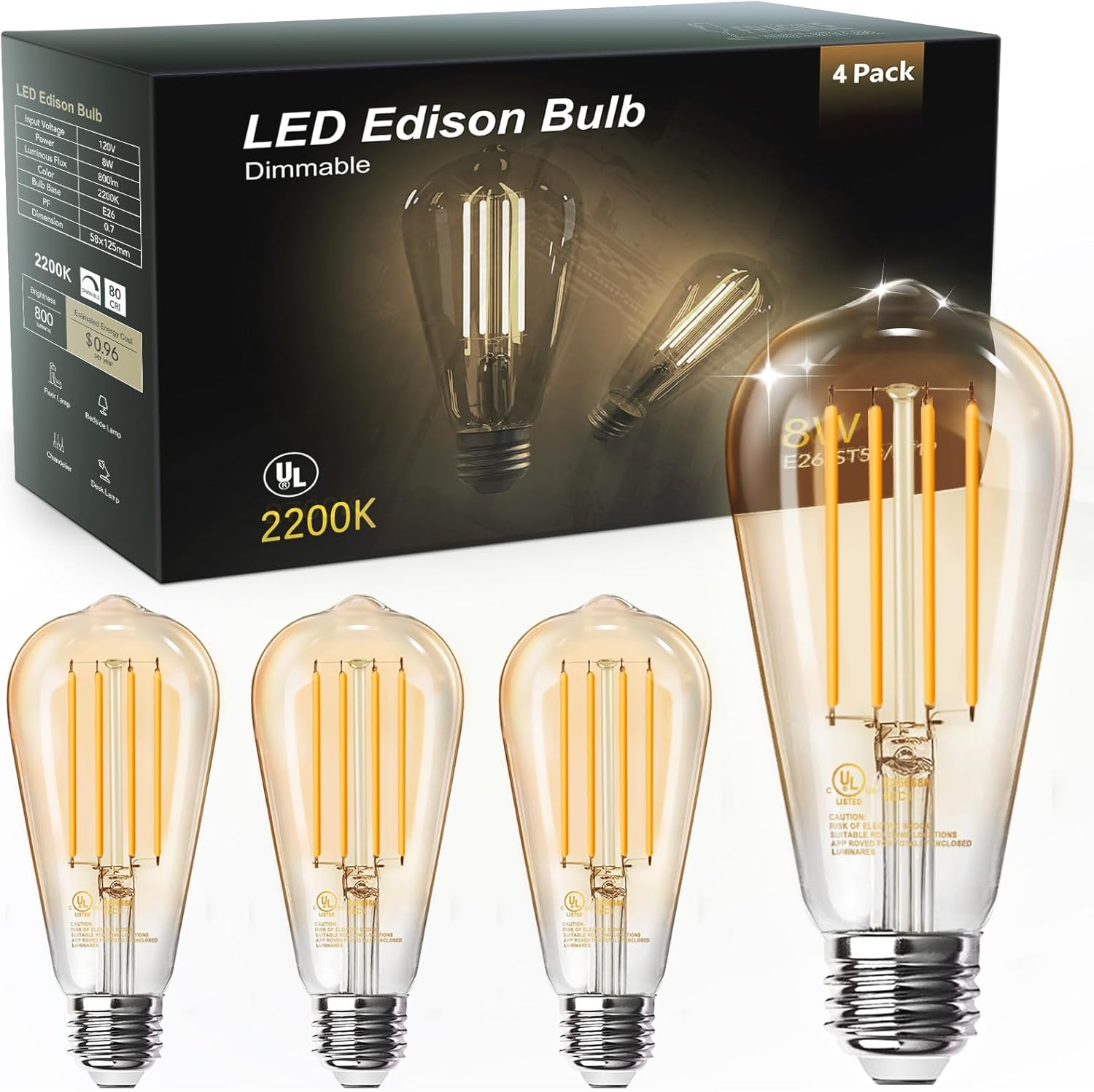 TJOY 24 Pack Vintage 8W ST58 LED Edison Light Bulbs, Dimmable, 60W Equivalent, 800Lumens, 2700K Warm White, E26 Base LED Filament Bulb, CRI80+, Antique Glass Style for Home, Bedroom, Office, Farmhouse
