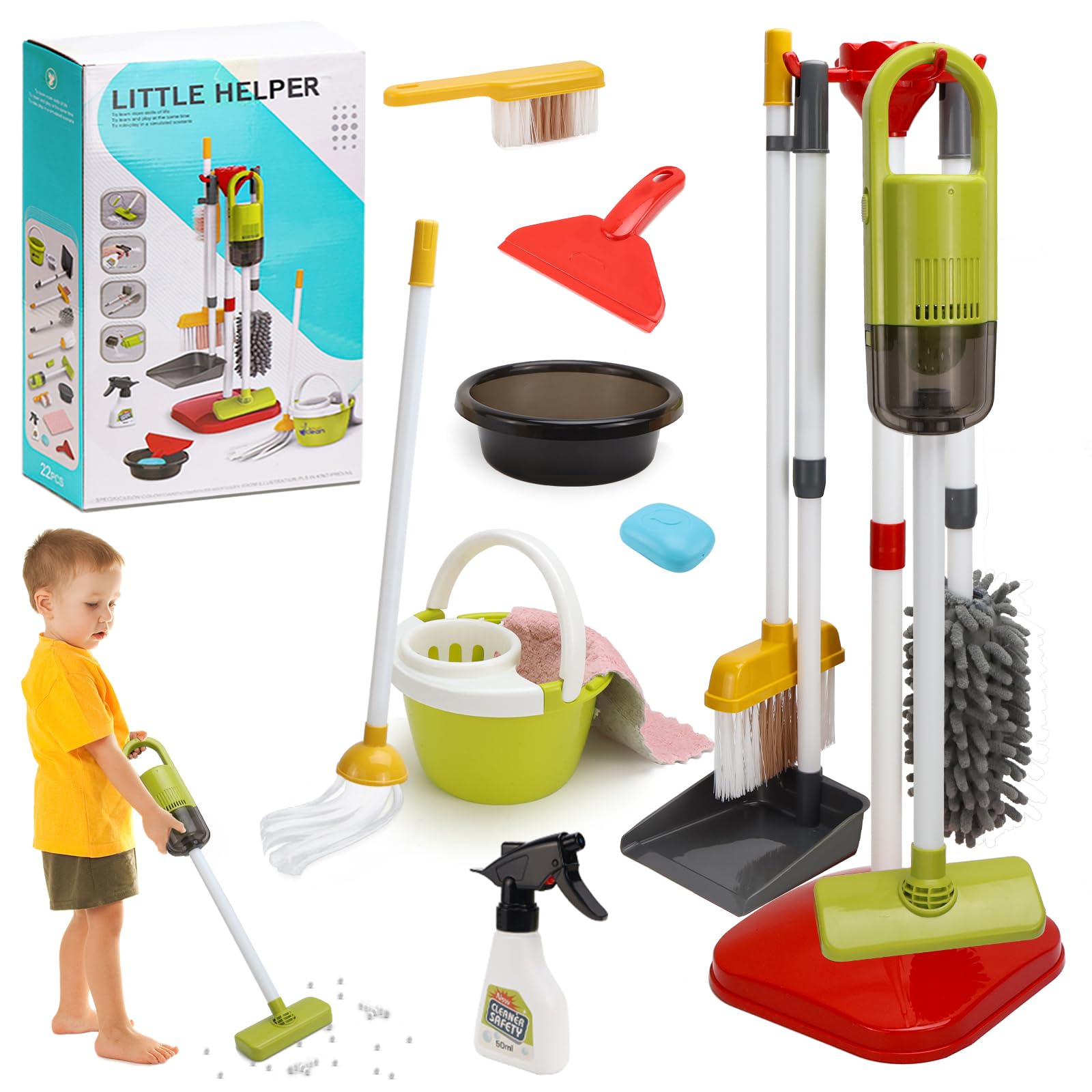14 PCS Putzset für Kinder, Kinderstaubsauger, Kinderbesen Set Ab 2 Jahre, Putzset für Kinder Mit Saug und Soundfunktion (A-14)