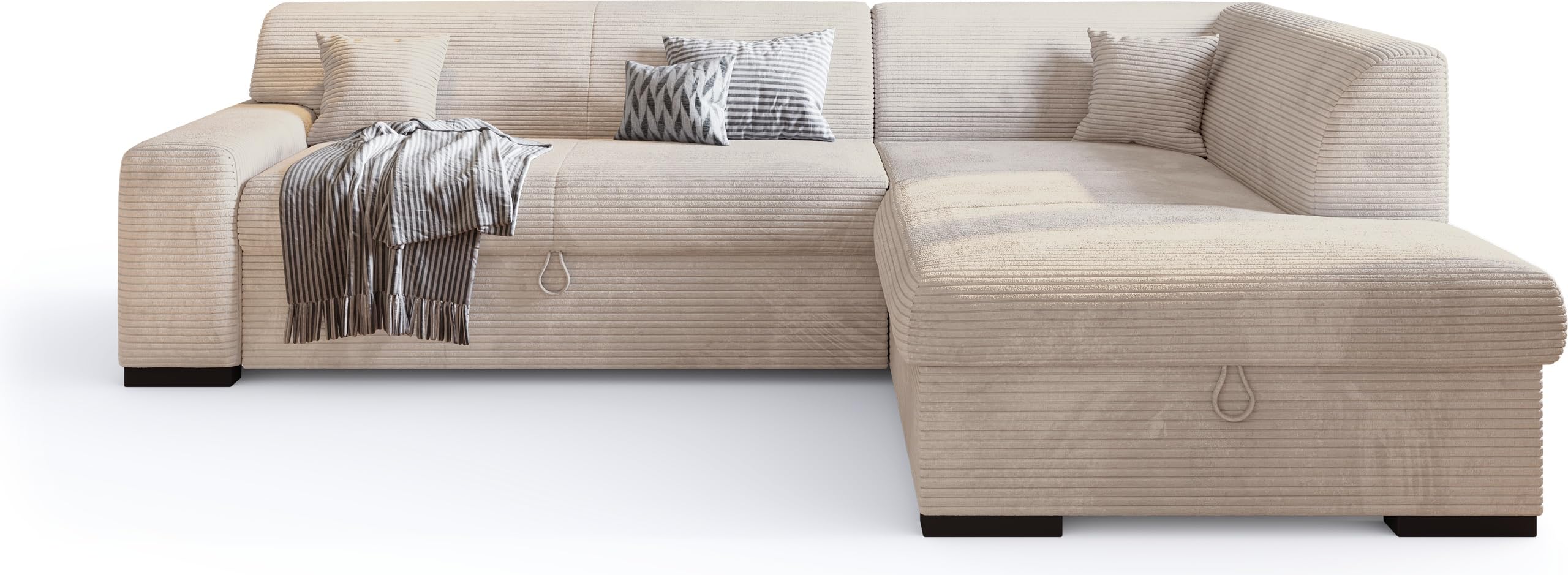 BROMARKT Ecksofa mit Schlaffunktion 260 cm L Form Vanille Rechts Seite Couch Sofa mit Bettkasten Schlafcouch Schalsofa 3 sitzer Eckcouch Sofabett Wohnlandschaft Cordstoff