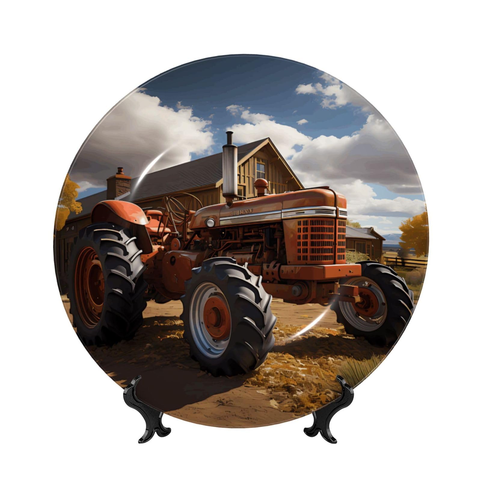 SXZVVBN Red Tractor Bone China Decorative Plate Art with Stand Removable Adhesive Hanging for Home Office 8in（20cm）
