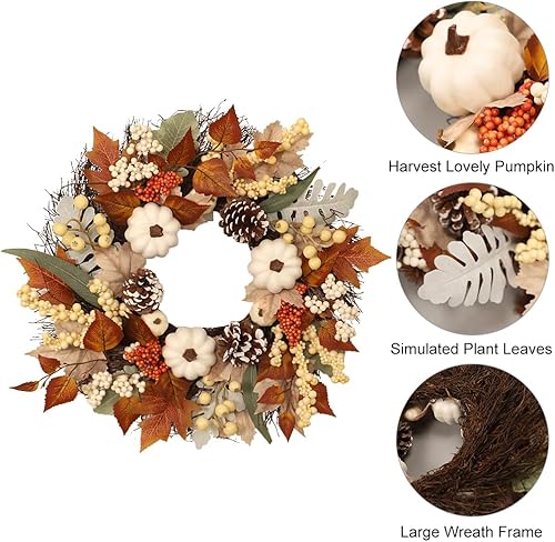 Miniatura 7 de Decoración de otoño, coronas de otoño de 20 pulgadas para puerta delantera, corona de cosecha de otoño con calabaza blanca, cono de pino, bayas y