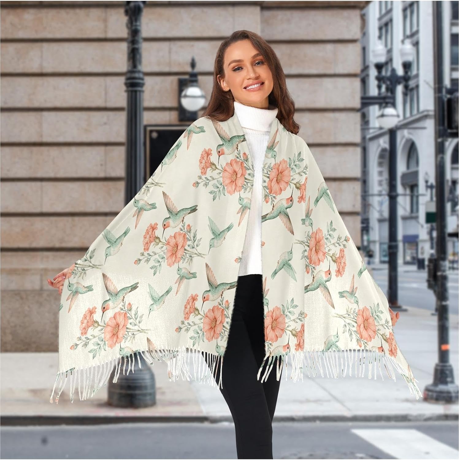 Winter Scarf for Women Vintage Flower Bird Hummingbird Fashion Tassel Shawl Wraps for Women, Cold Weather Warm Womens Scarves Soft Long Scarf Gifts