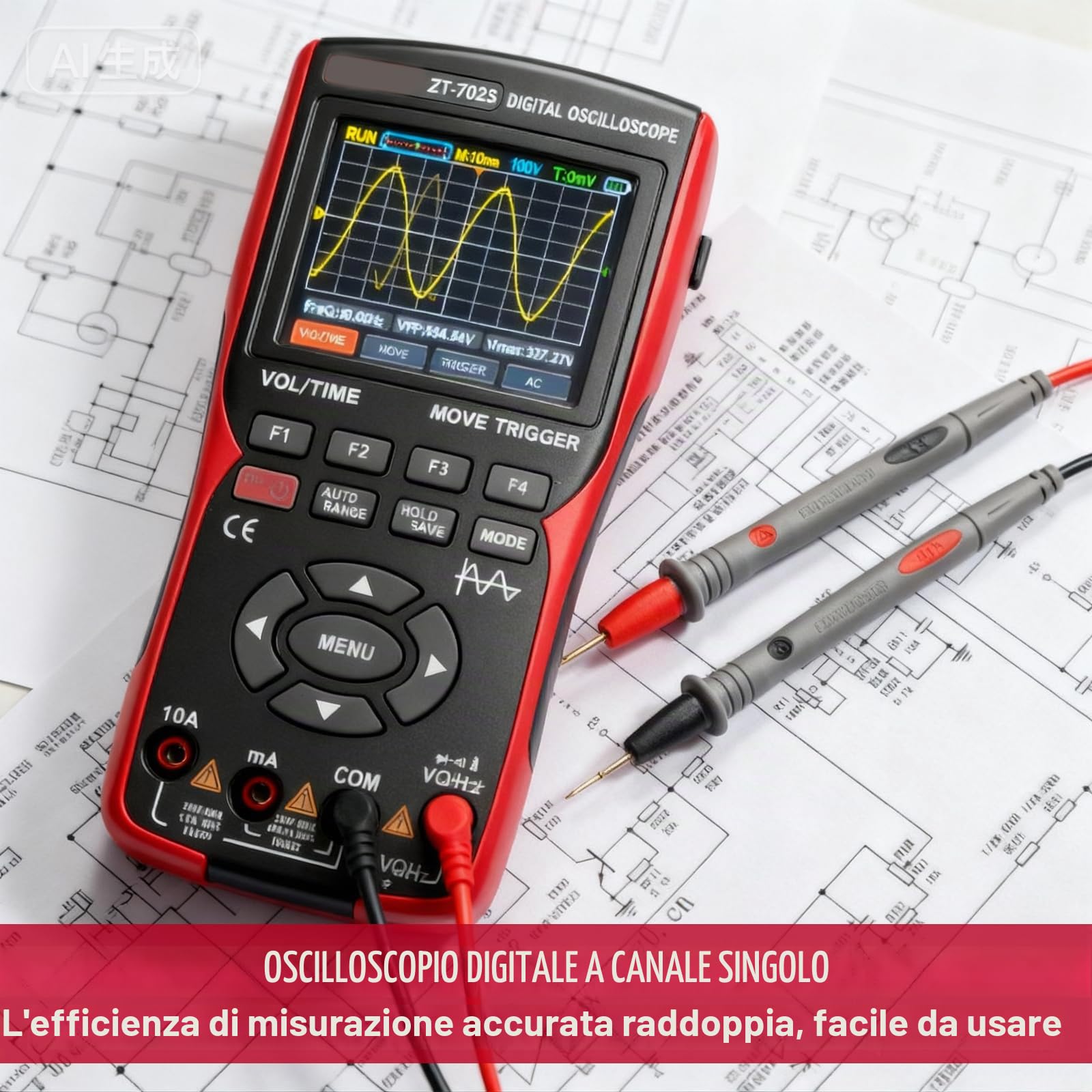 Oscilloscopio portatile, multimetro digitale 9999 Counts Oscilloscope 10 MHz, larghezza di banda 48 MSa/s, frequenza di campionamento, tester di corrente, oscilloscopio LED con sonda, funzione di