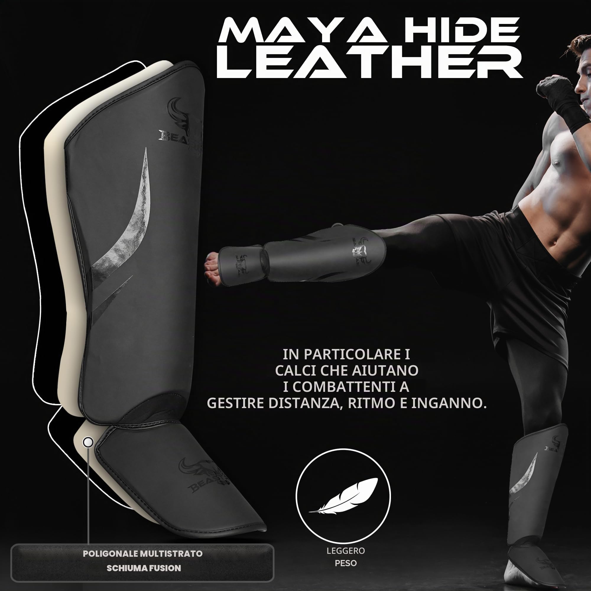 Beast Rage Parastinchi Muay Thai per MMA, Kickboxing, Arti Marziali – Protezioni Resistenti per Gambe e Piedi, Paracolpi con Cinturini Regolabili, Vestibilità Sicura, Comfort e Durabilità