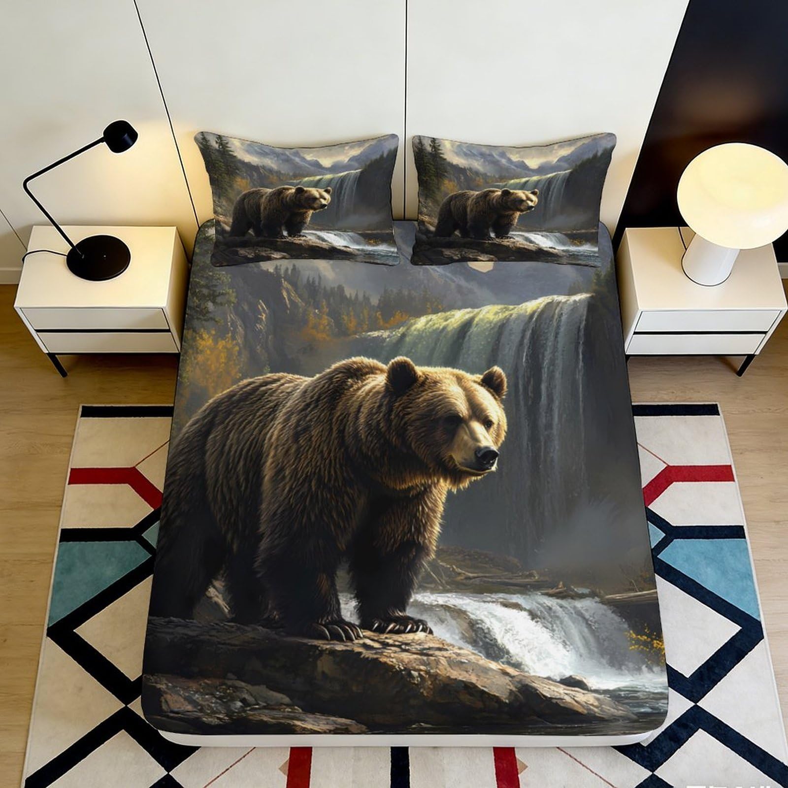 3D Printed Bear Forest Fitted Sheet Microfiber Deep Pocket Non-Slip Bedroom Bear Mattress Fitted Cover for Adults Teens 120x200x25cm