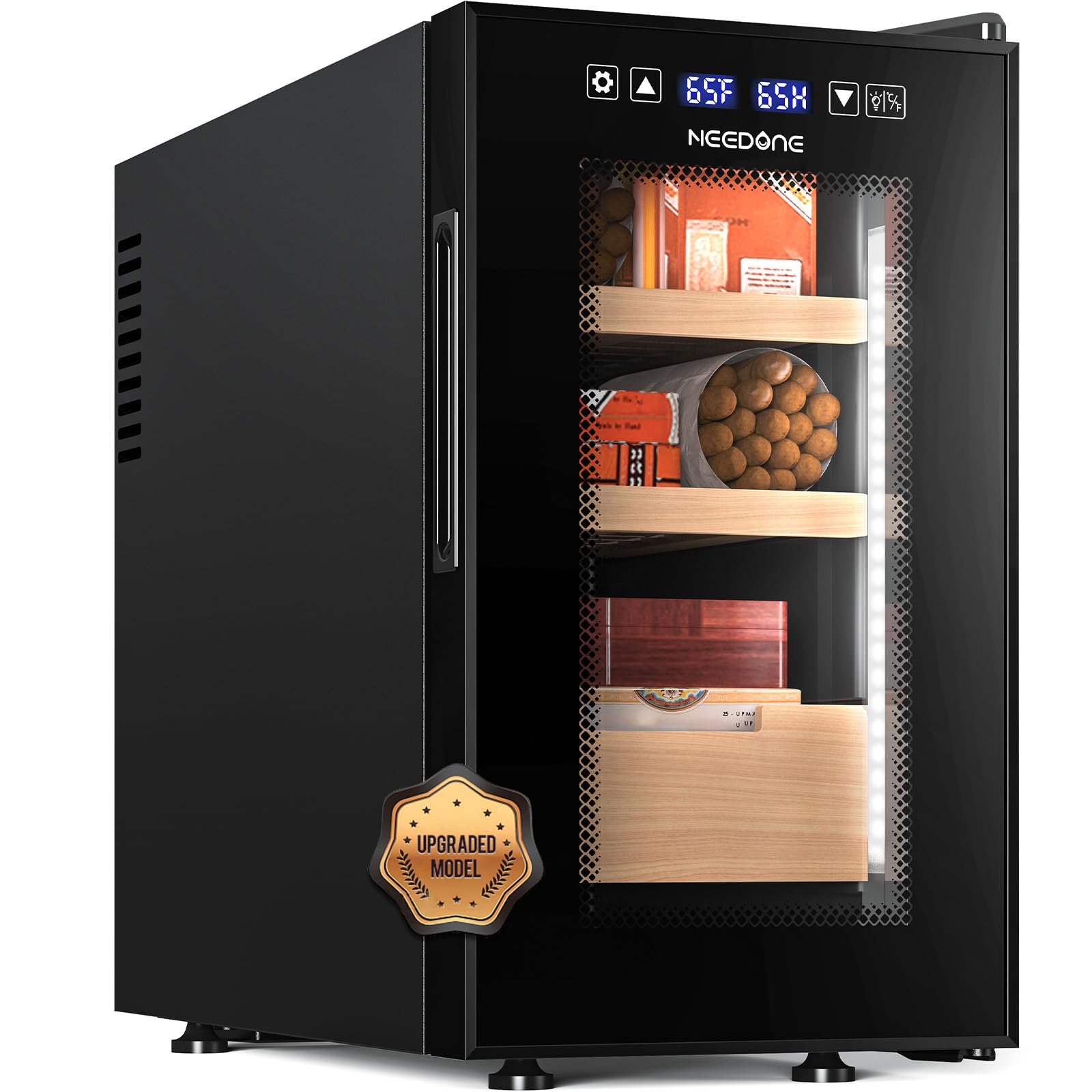 NEEDONE Cigar Humidor 23L Pro 1S, Smart Humidity & Temp Quiet Control System 2.0, Thermostatic Electric Cabinet for 150 Counts with Digital Hygrometer, Spanish Cedar Wood, Gifts for Men