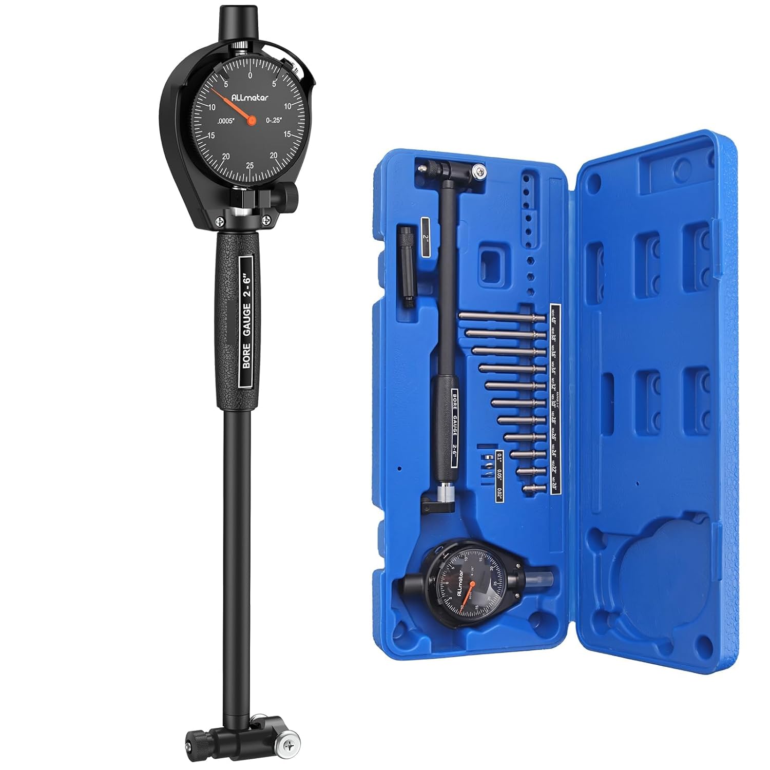 Dial Bore Gauge 2-6 Inch,0.001"Accuracy,Internal Diameter Measuring Tool with 0.25"Dial Indicator,Precision Bore Gage Set with 11 Measuring Heads & Storage Case for Cylinder Engine Hole Gauge
