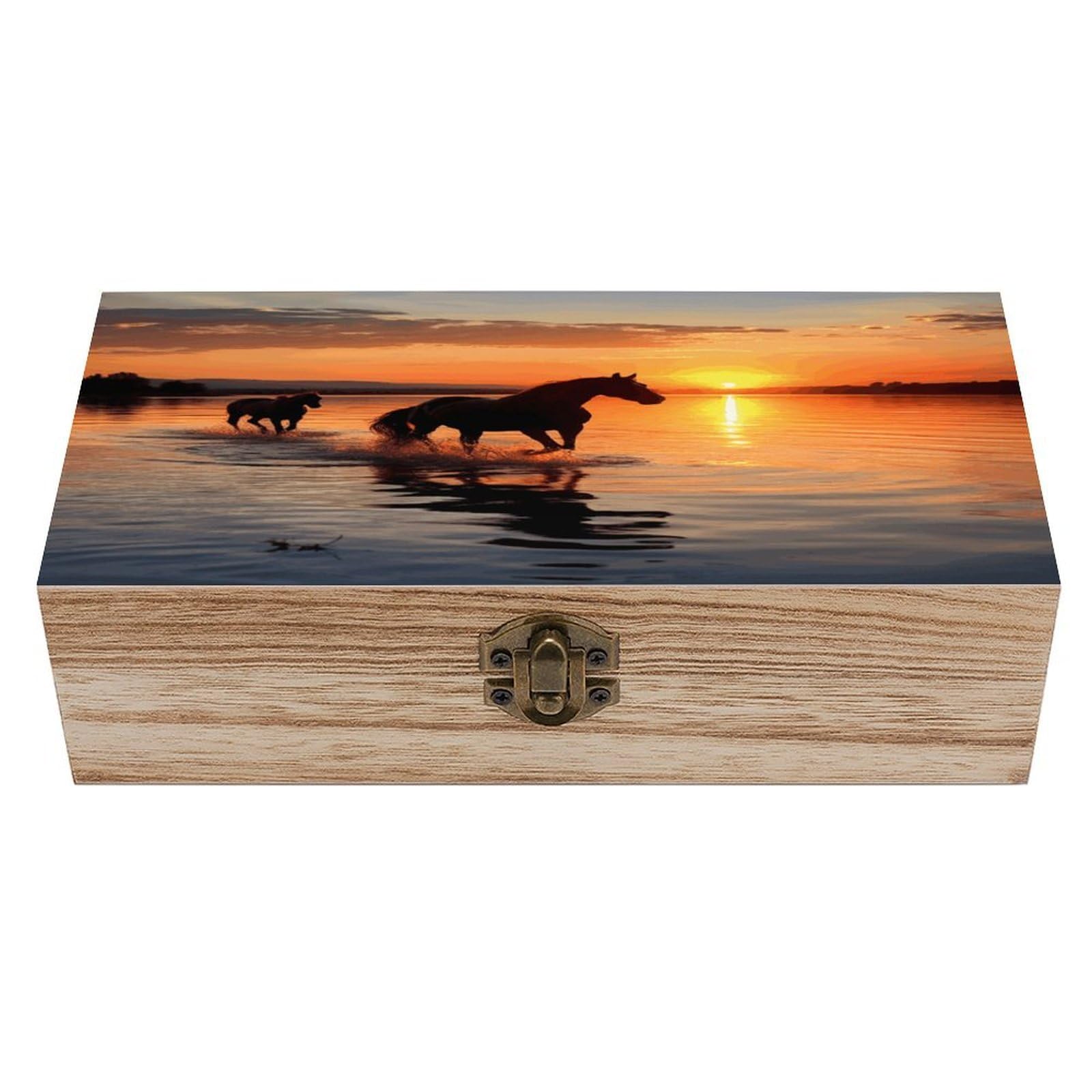 JTREHY Sunsets Lake Horses Wooden Keepsake Box Vintage-Style Wood Keepsake Case with Hinged Lid Solid Wood Boxes Beautifully Memory Treasure Case Vintage-Style Wooden Storage Box