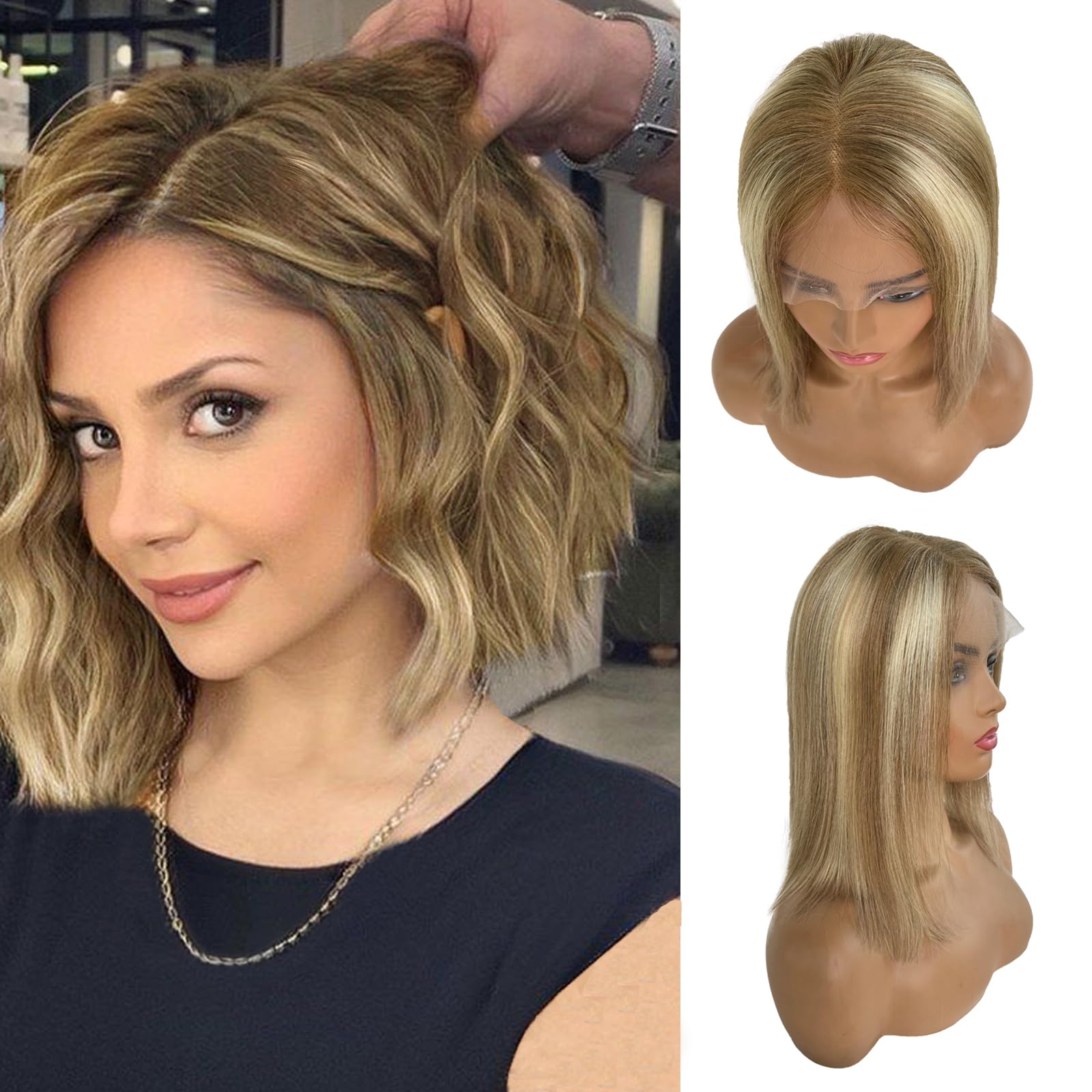 Belaved Blonde Bob Wig Human Hair 4x4 Lace Front Wigs #8T18/60 Brown to ...