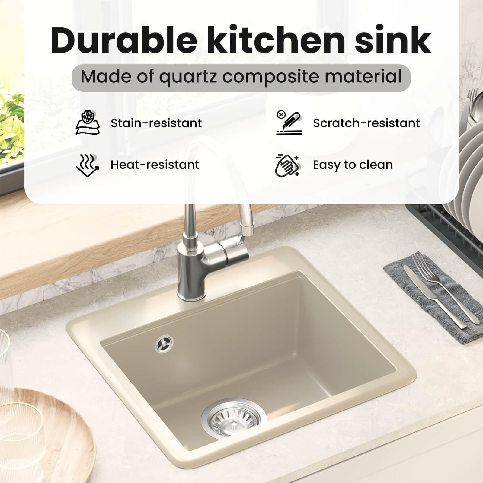 vidaXL Lavabo 80% Cuarzo y 20% Resina 470 x 440 mm Beige