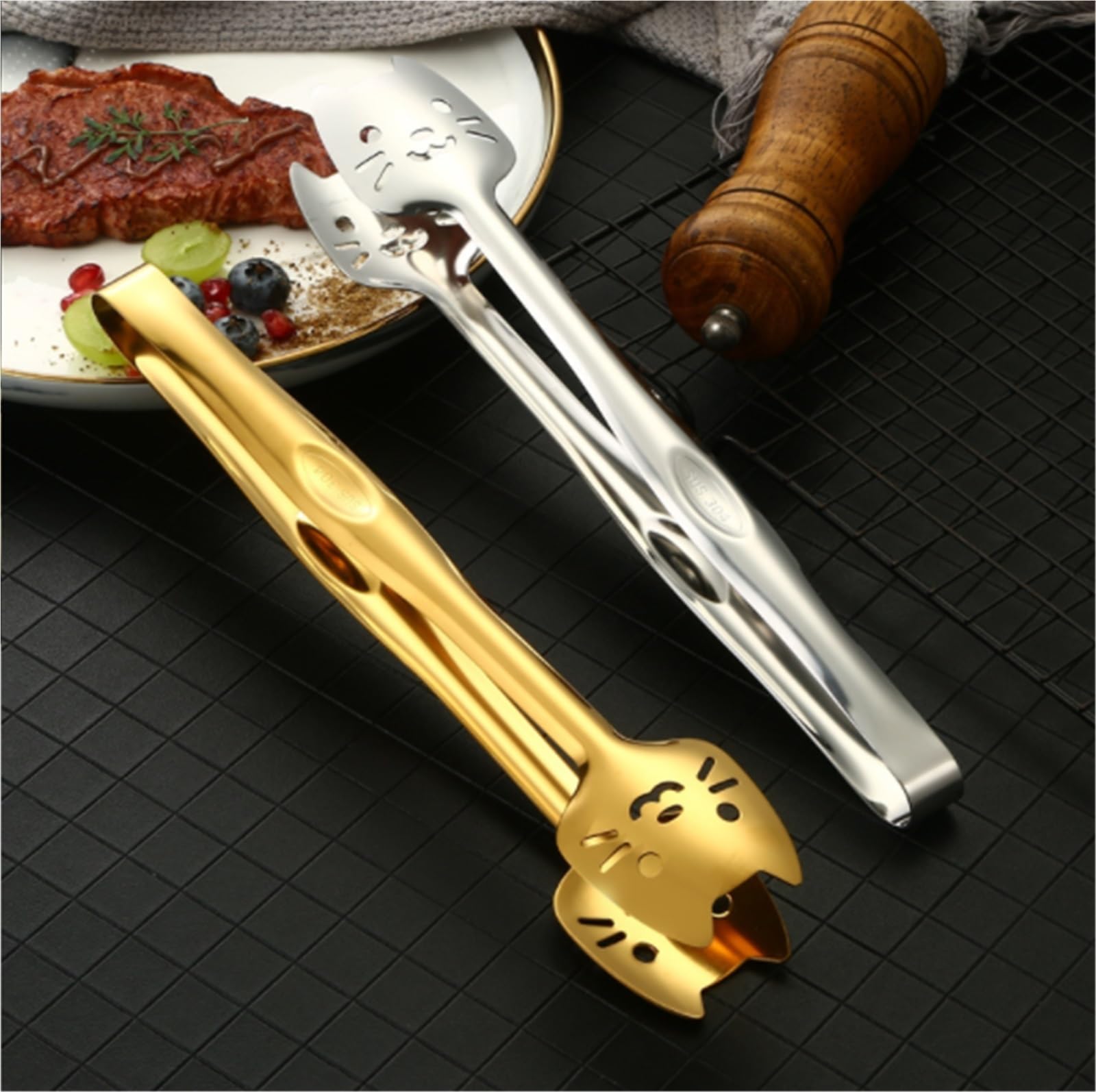 Szczypce Kuchenne Gotowania Szczypce Do Grilla Ze Stali Nierdzewnej Do Mocowania Żywności. Samoobsługowy, Antypoślizgowy Uchwyt Szczypce Do Grillowania(Gold)